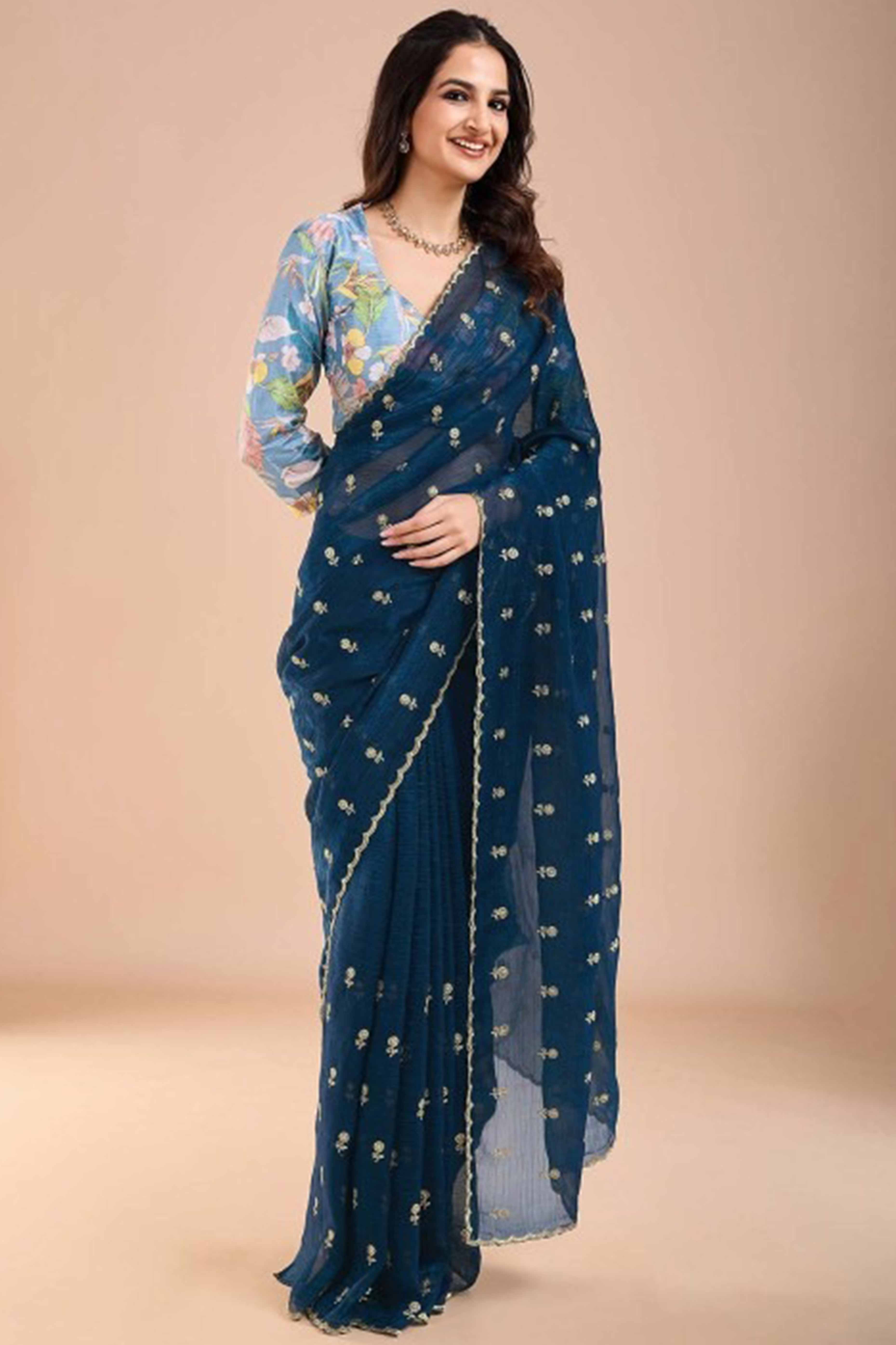 Blue Crunchy Saree Adorned With Floral Sequins Embroidery & Graceful Border Finish