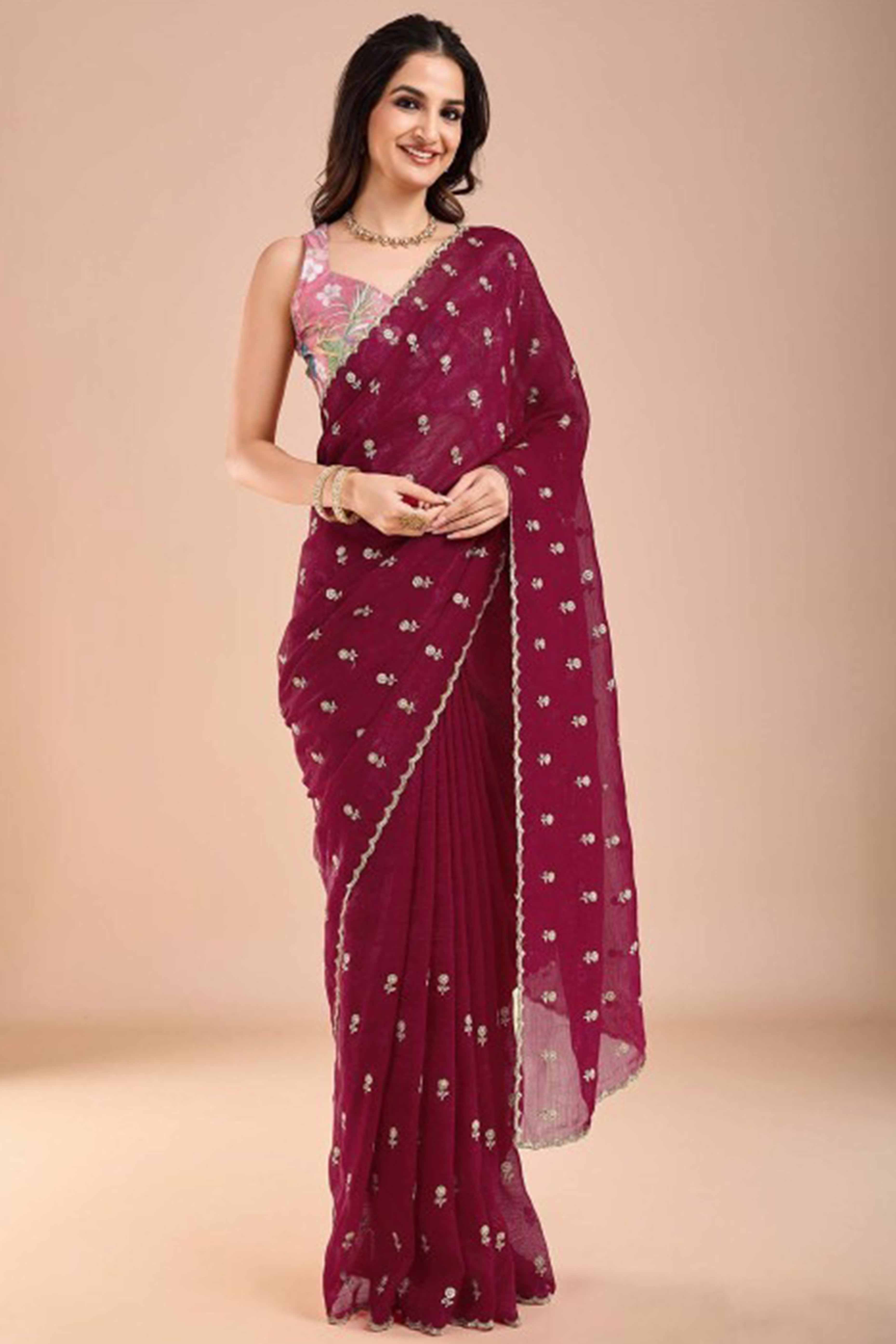 Rani Pink Crunchy Saree Adorned With Floral Sequins Embroidery & Graceful Border Finish
