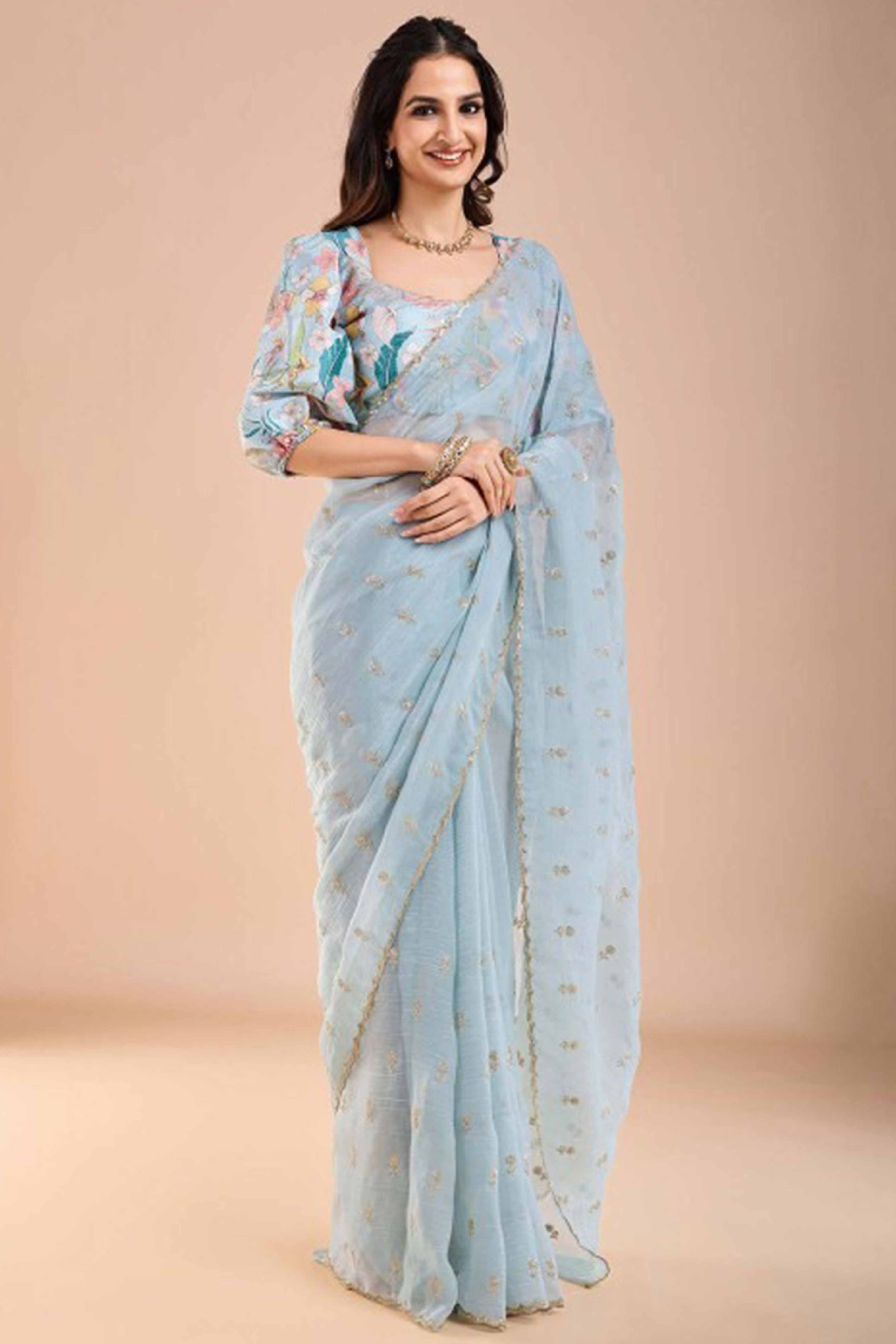 Light Blue Crunchy Saree Adorned With Floral Sequins Embroidery & Graceful Border Finish