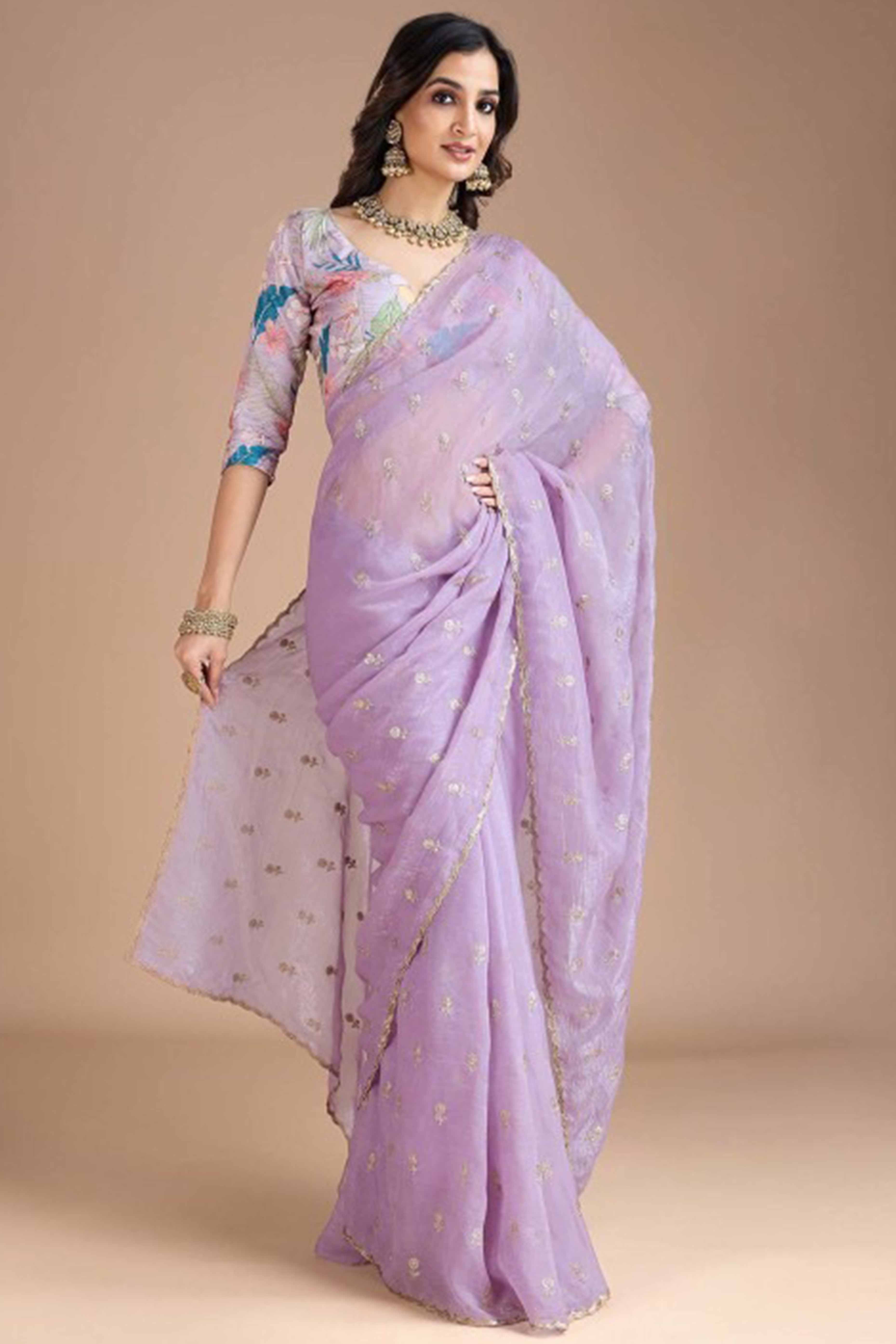 Lavender Crunchy Saree Adorned With Floral Sequins Embroidery & Graceful Border Finish