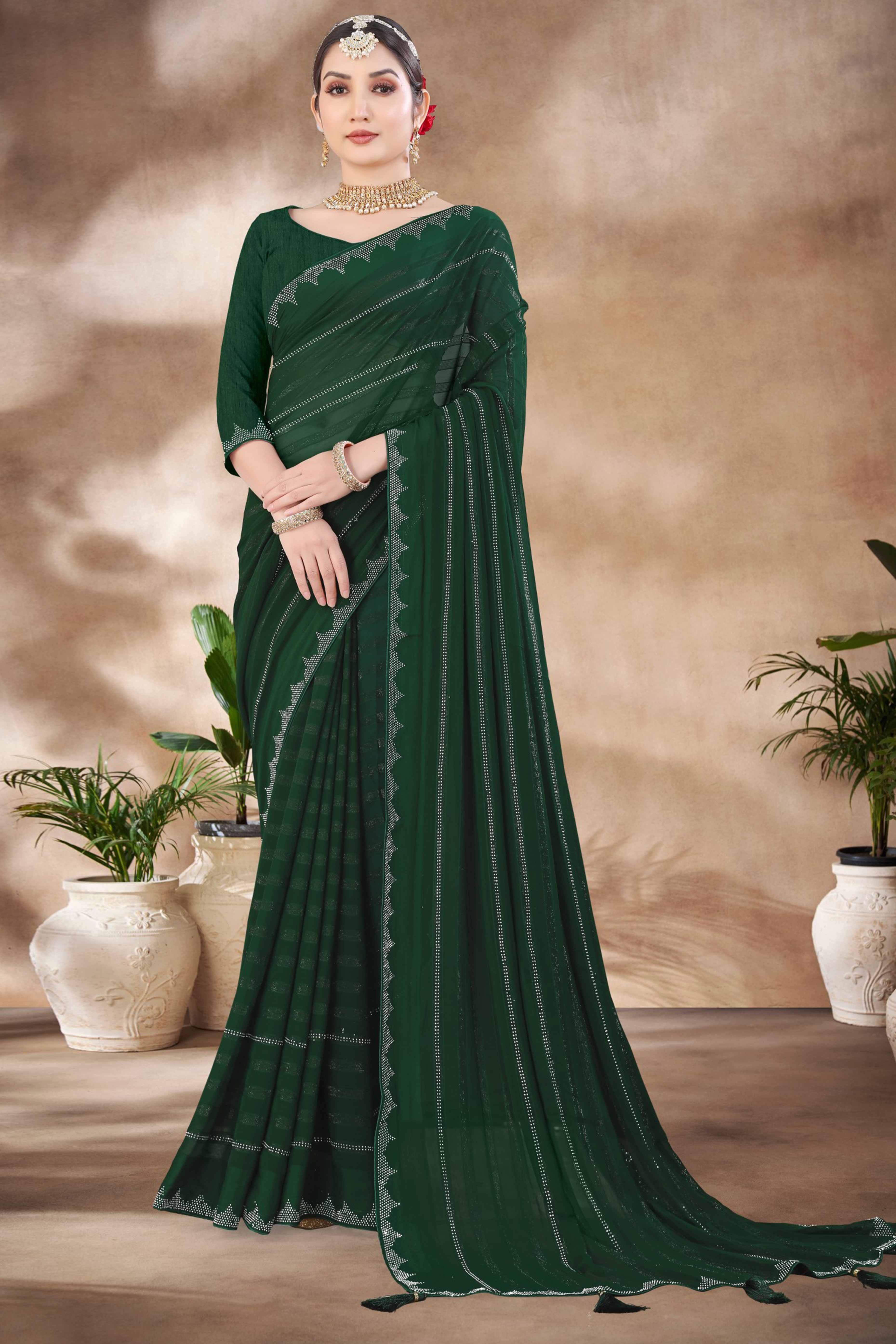 Green Chiffon Party Saree Featuring Delicate Stone Embellishments