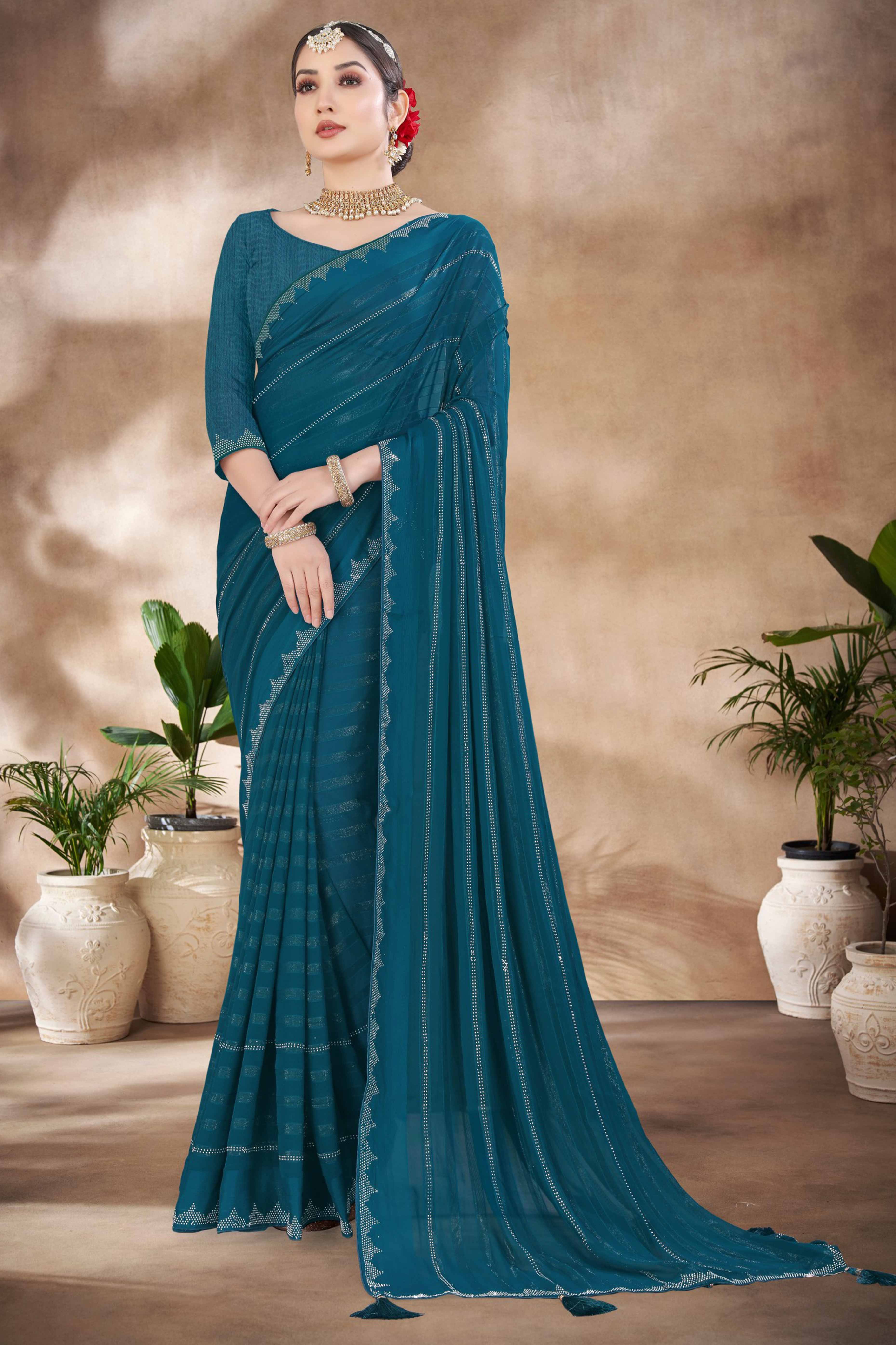 Teal Chiffon Party Saree Featuring Delicate Stone Embellishments