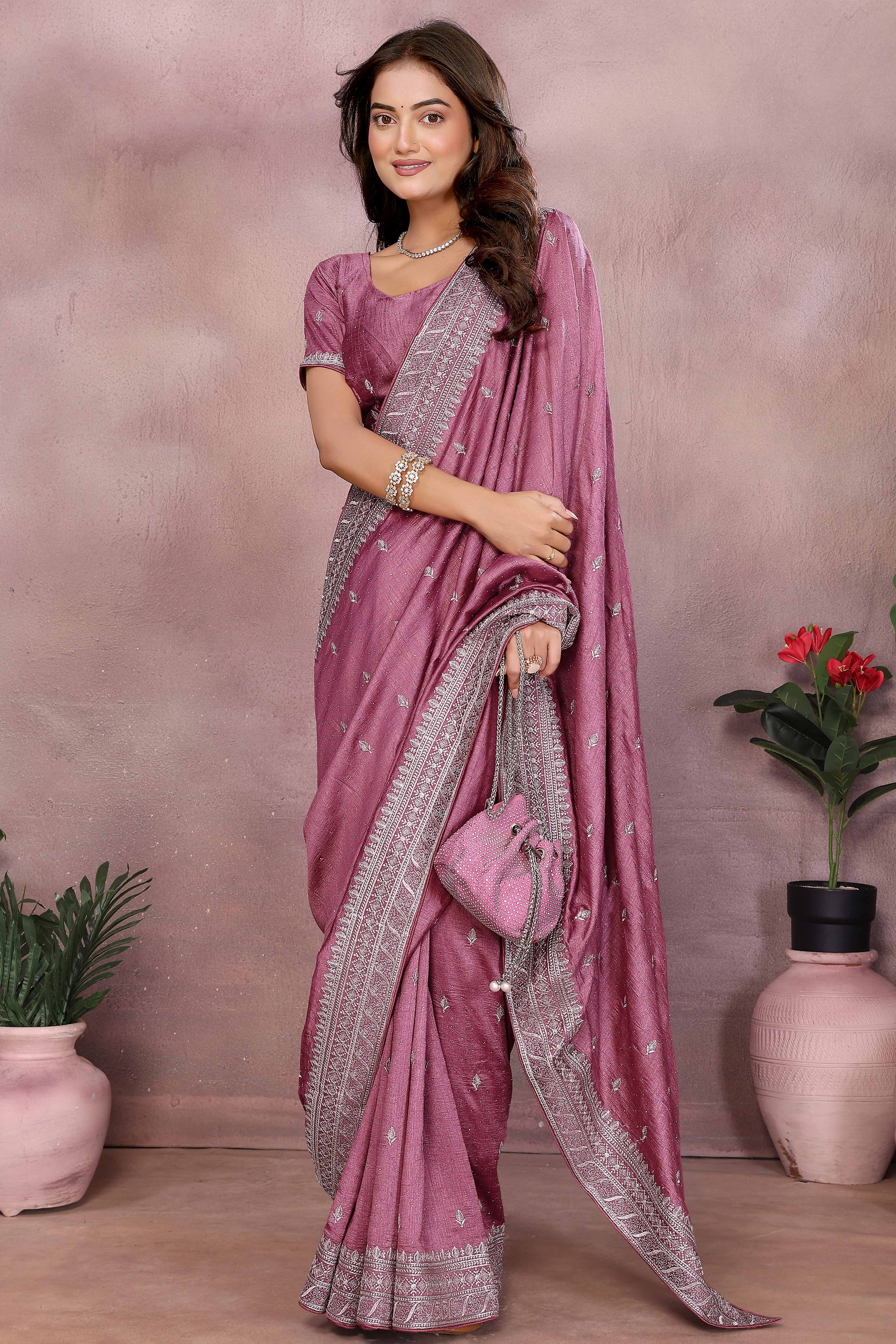 Modern Light Mauve Embroidered Vichitra Silk Saree for Weddings and Festive Occasions