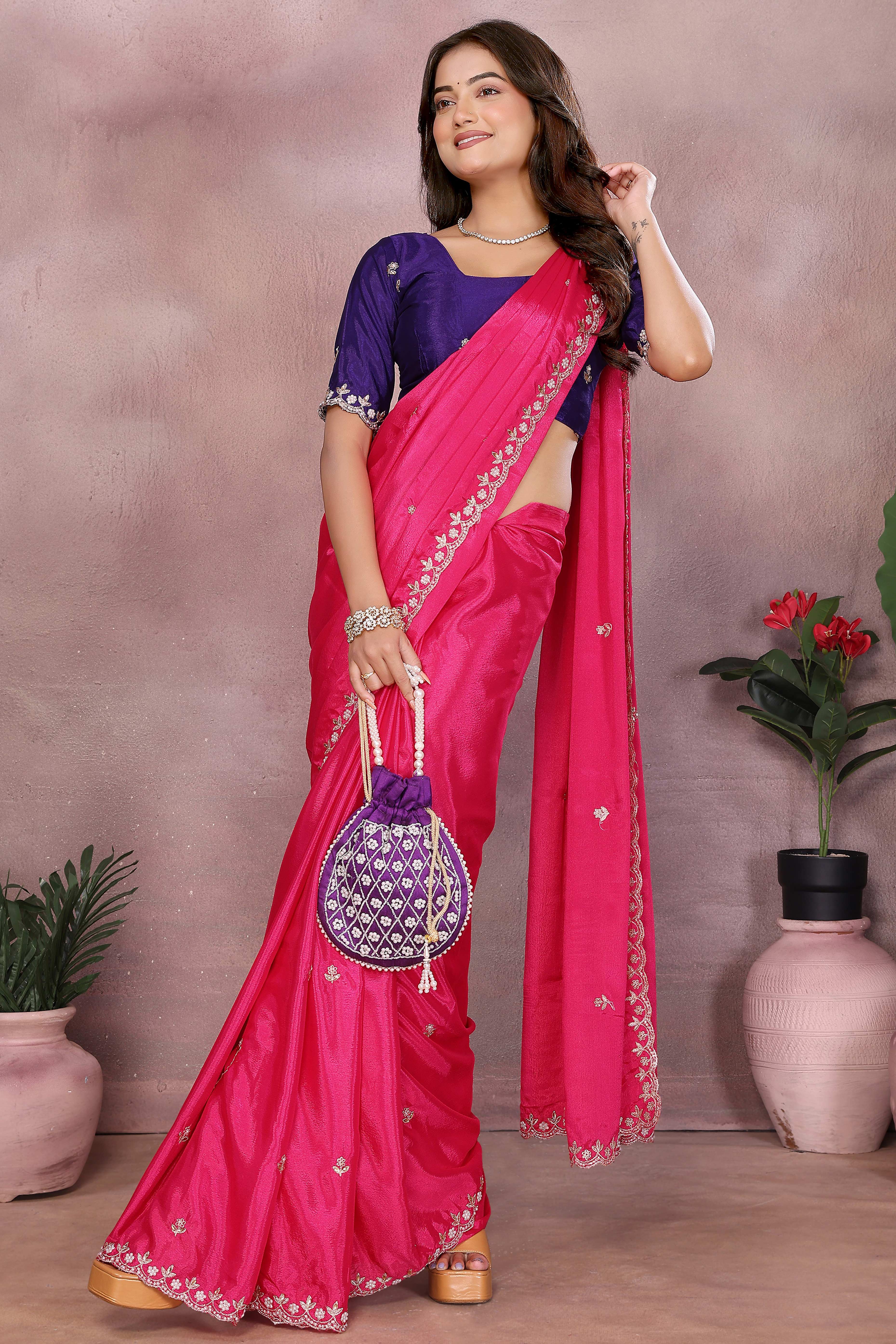 Pink Embroidered Vichitra Silk Saree with Exquisite Beads Detailing