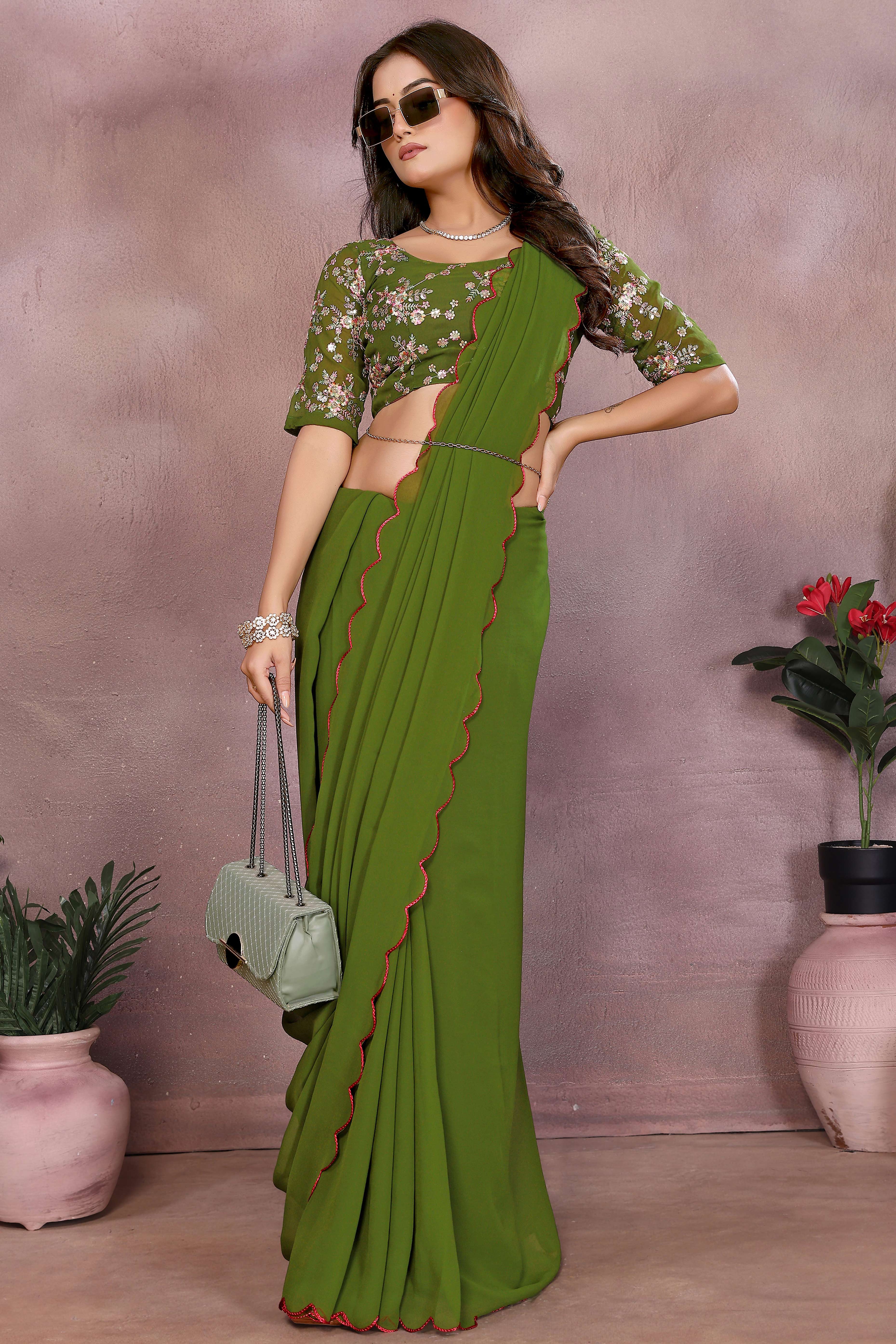 Sophisticated Green Party Wear Saree in Flowing Georgette Fabric With Embellished Blouse
