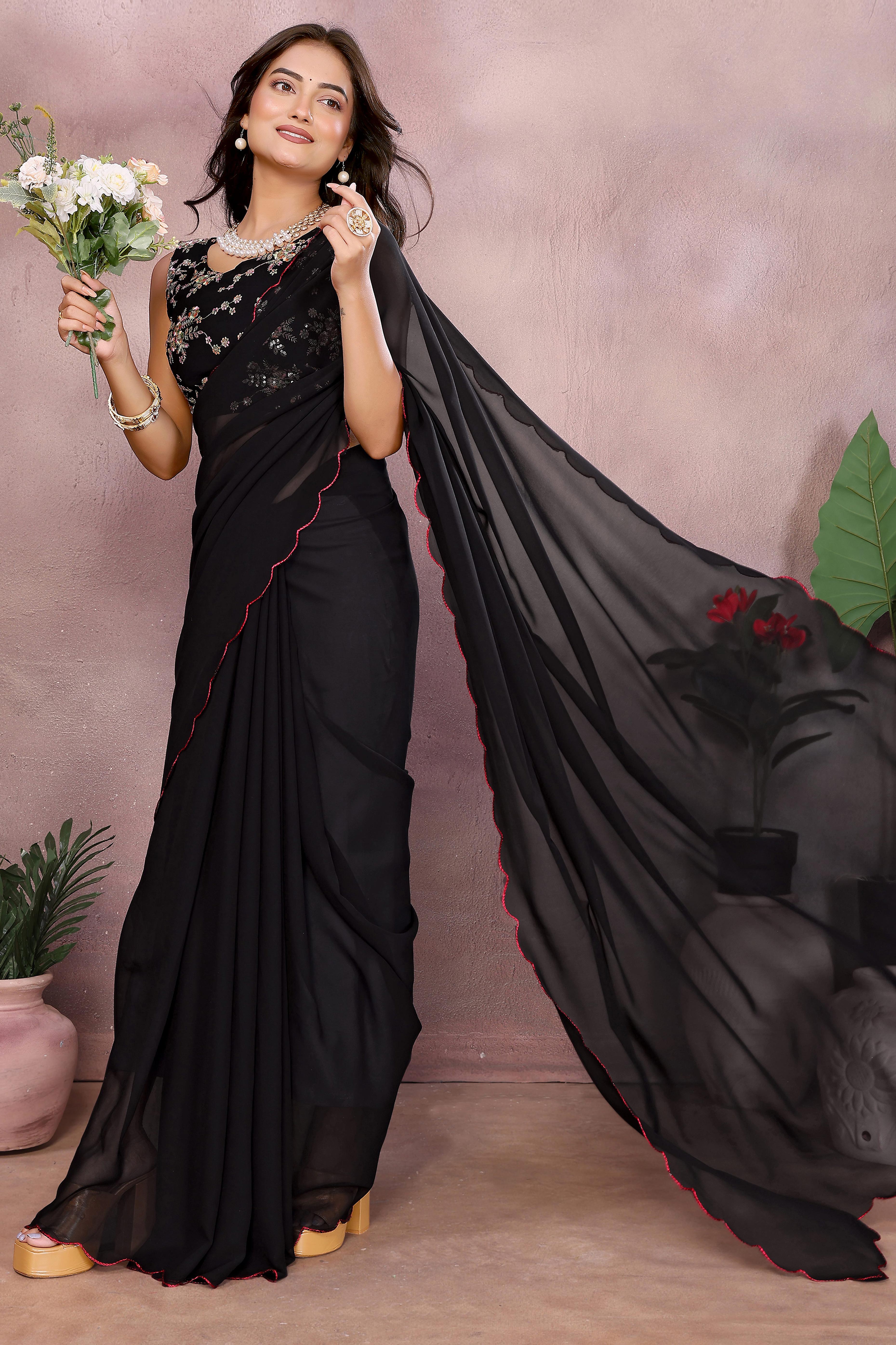 Sophisticated Black Party Wear Saree in Georgette Fabric With Embellished Blouse