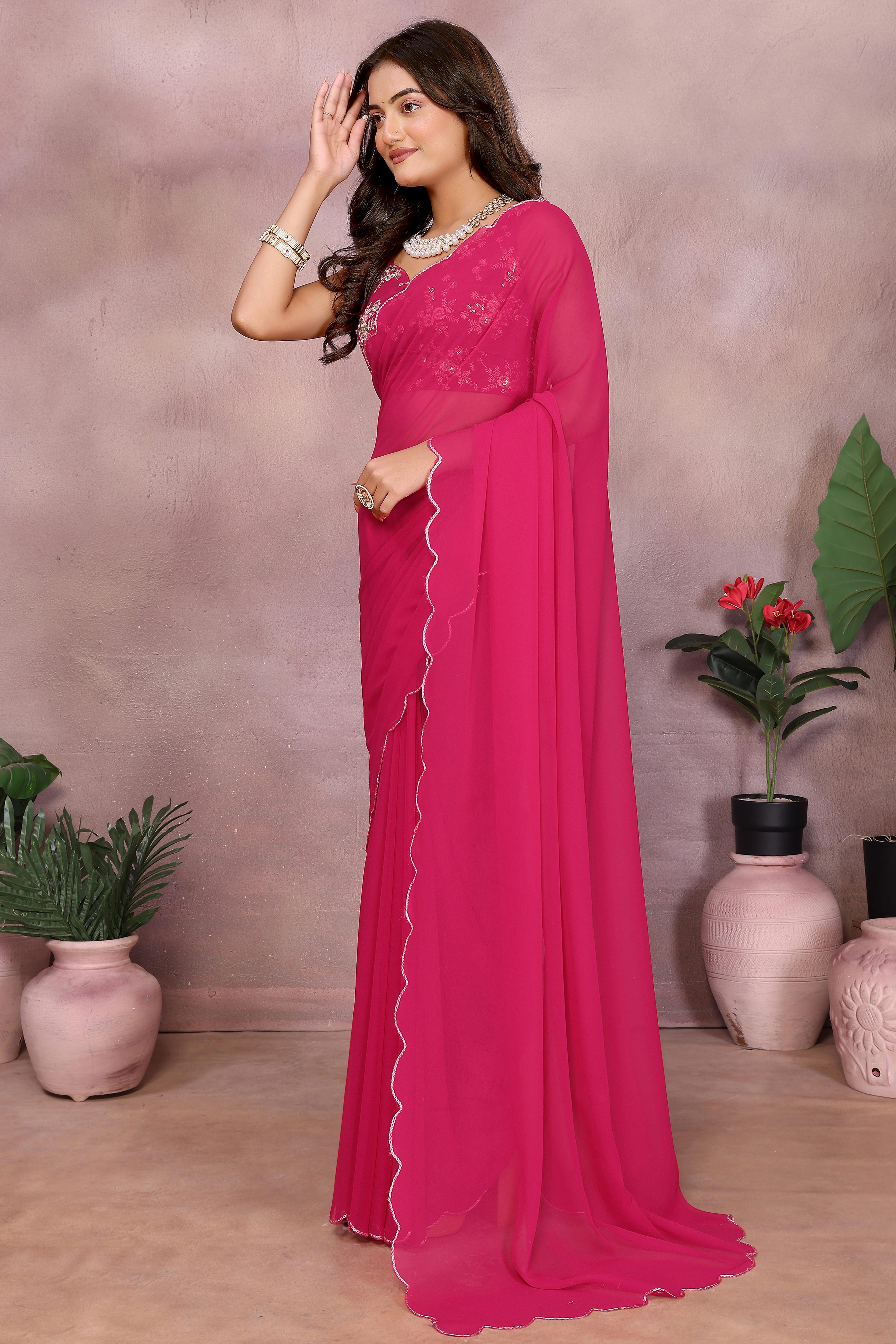 Sophisticated Pink Party Wear Saree in Georgette Fabric With Embellished Blouse