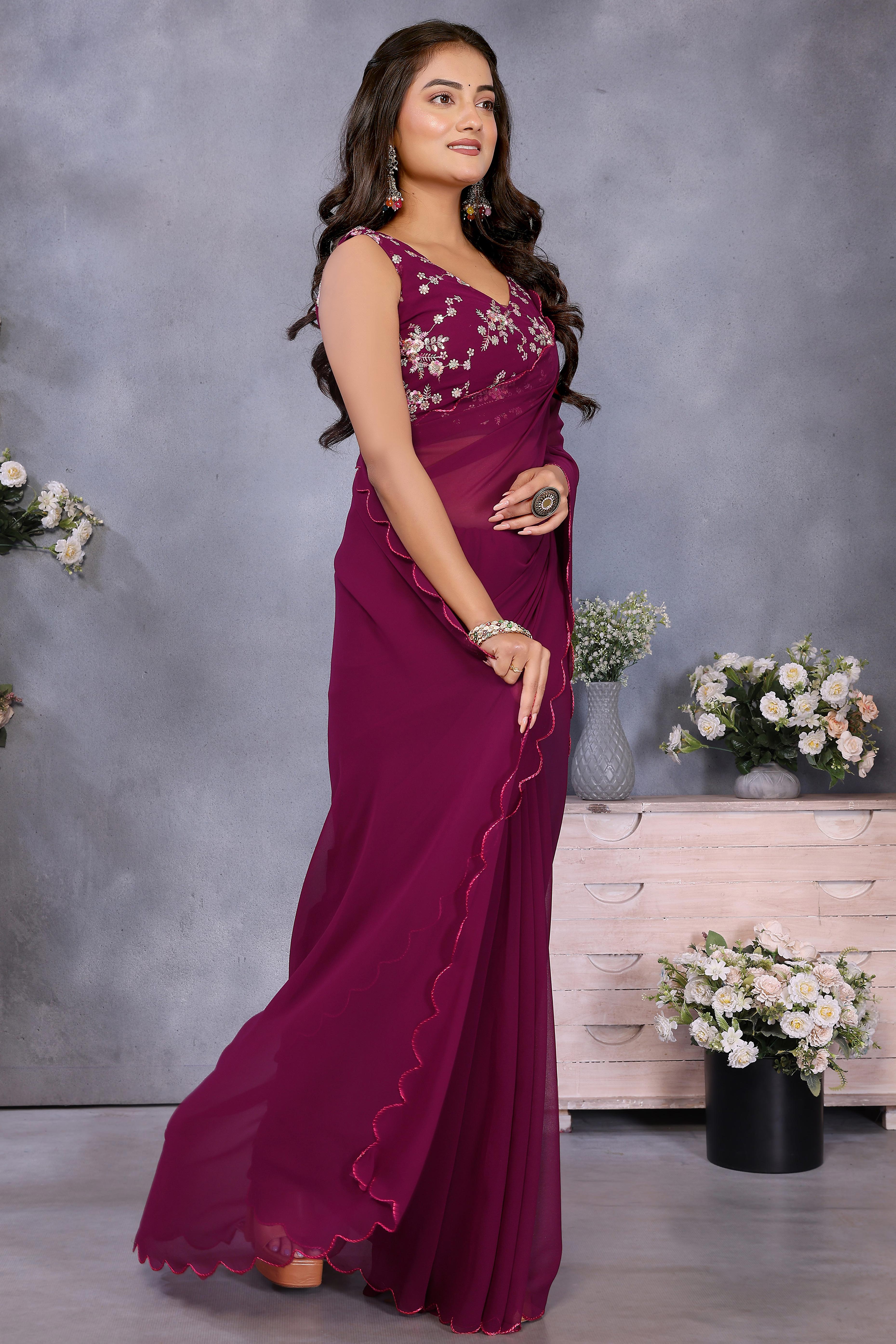 Sophisticated Purple Party Wear Saree in Georgette Fabric With Embellished Blouse