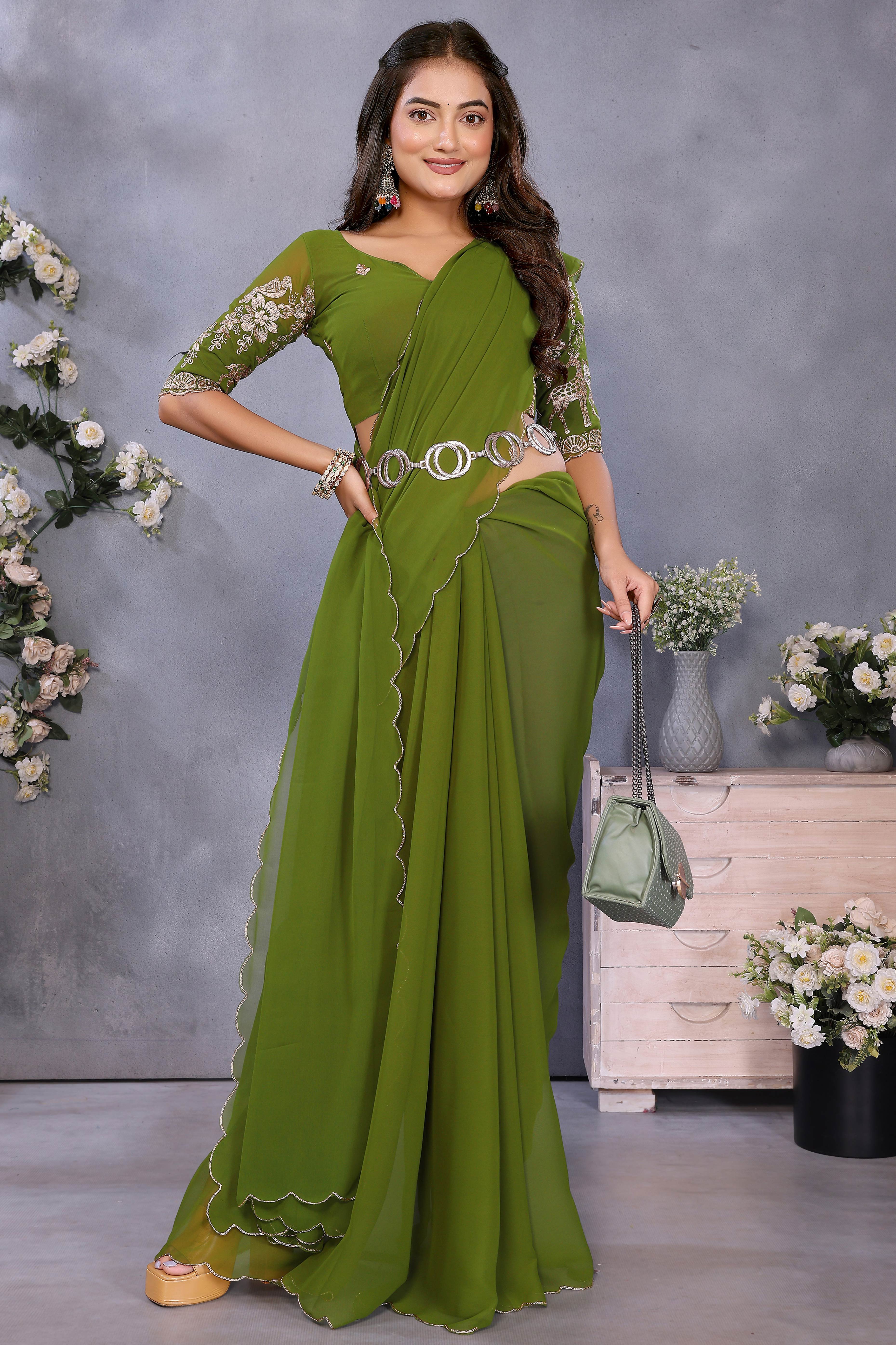 Sophisticated Green Party Wear Saree in Flowing Georgette Fabric With Embellished Blouse