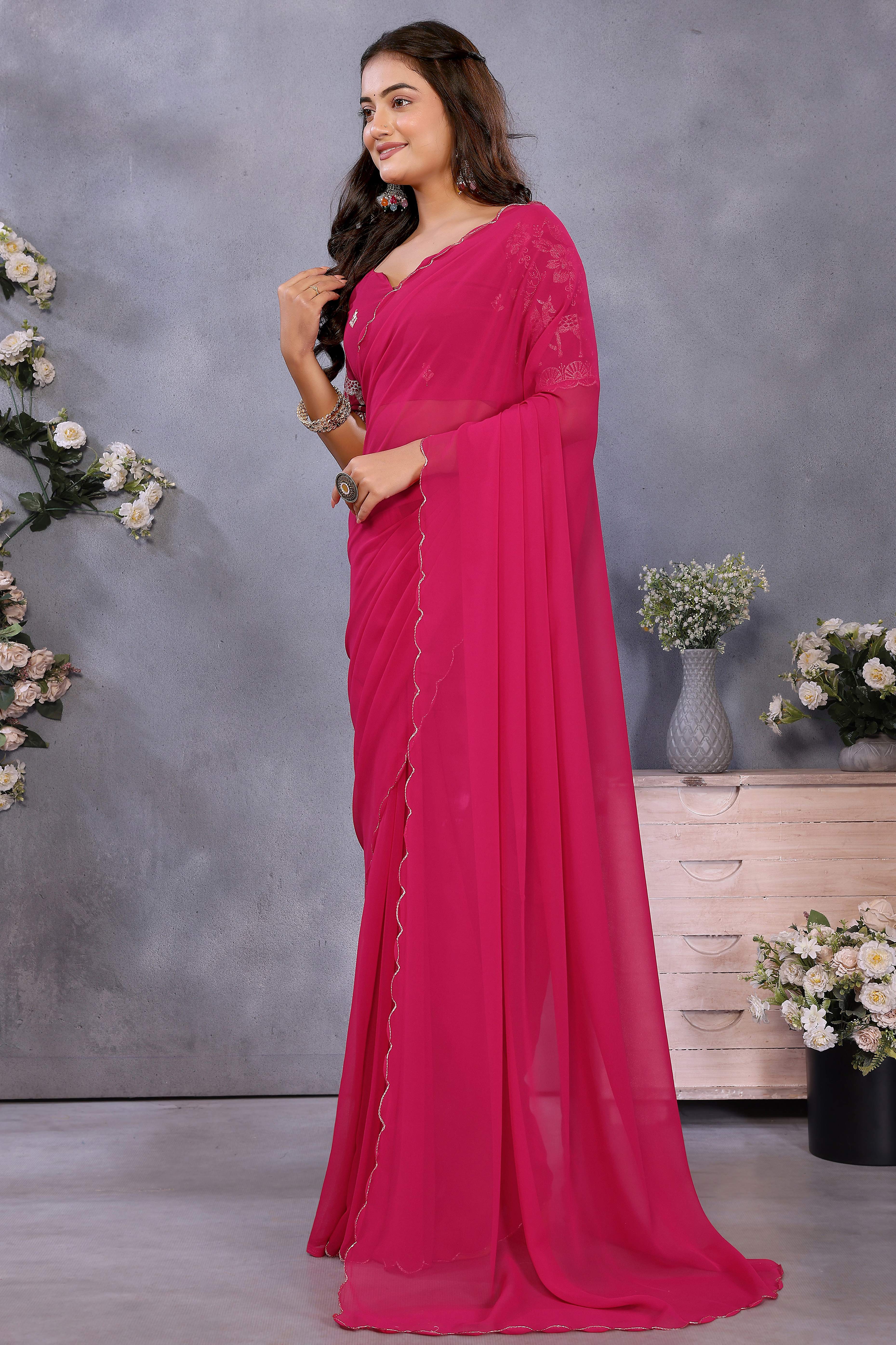 Sophisticated Pink Party Wear Saree in Flowing Georgette Fabric With Embellished Blouse
