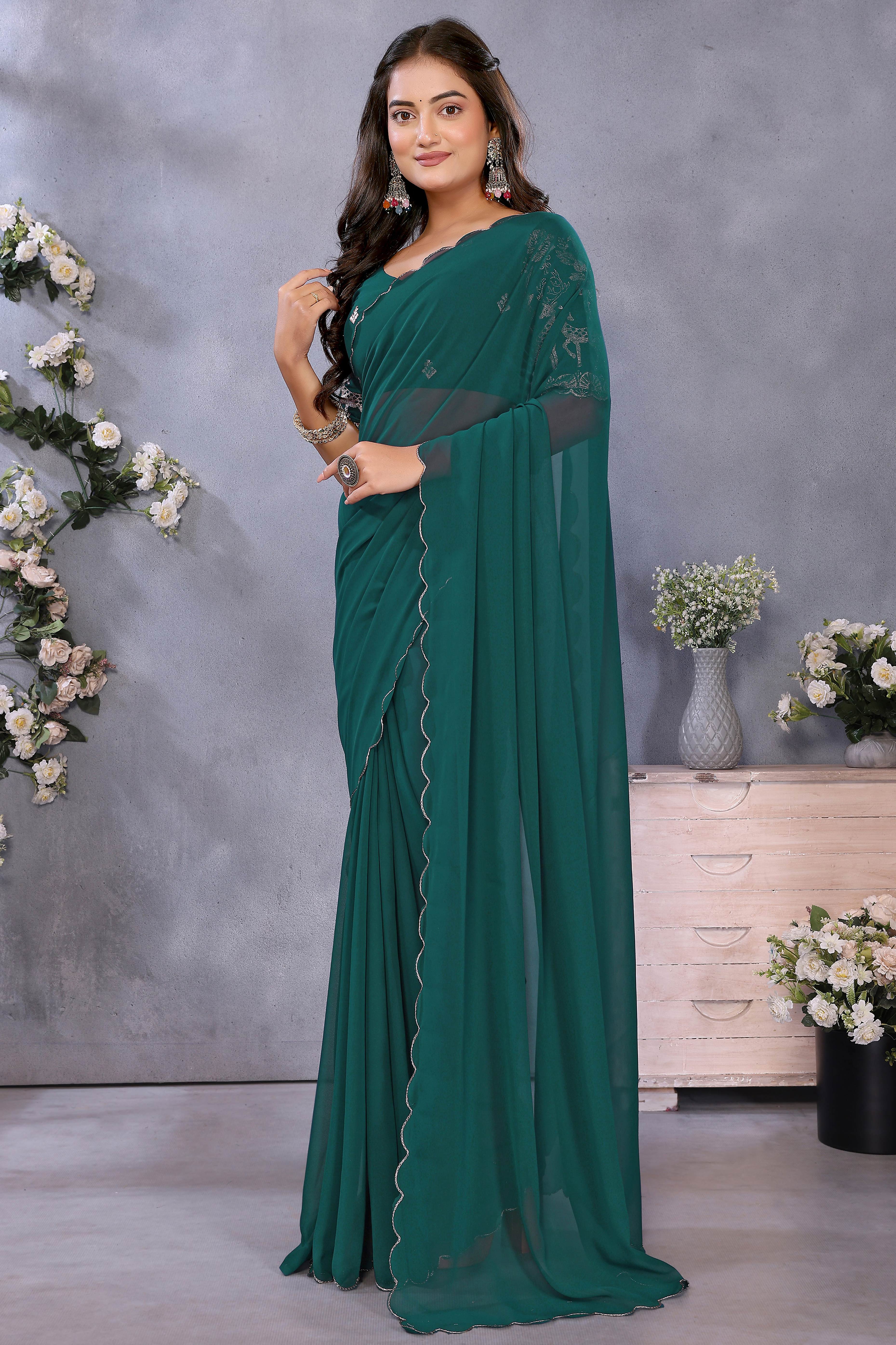 Sophisticated Morpich Green Party Wear Saree in Flowing Georgette Fabric With Embellished Blouse