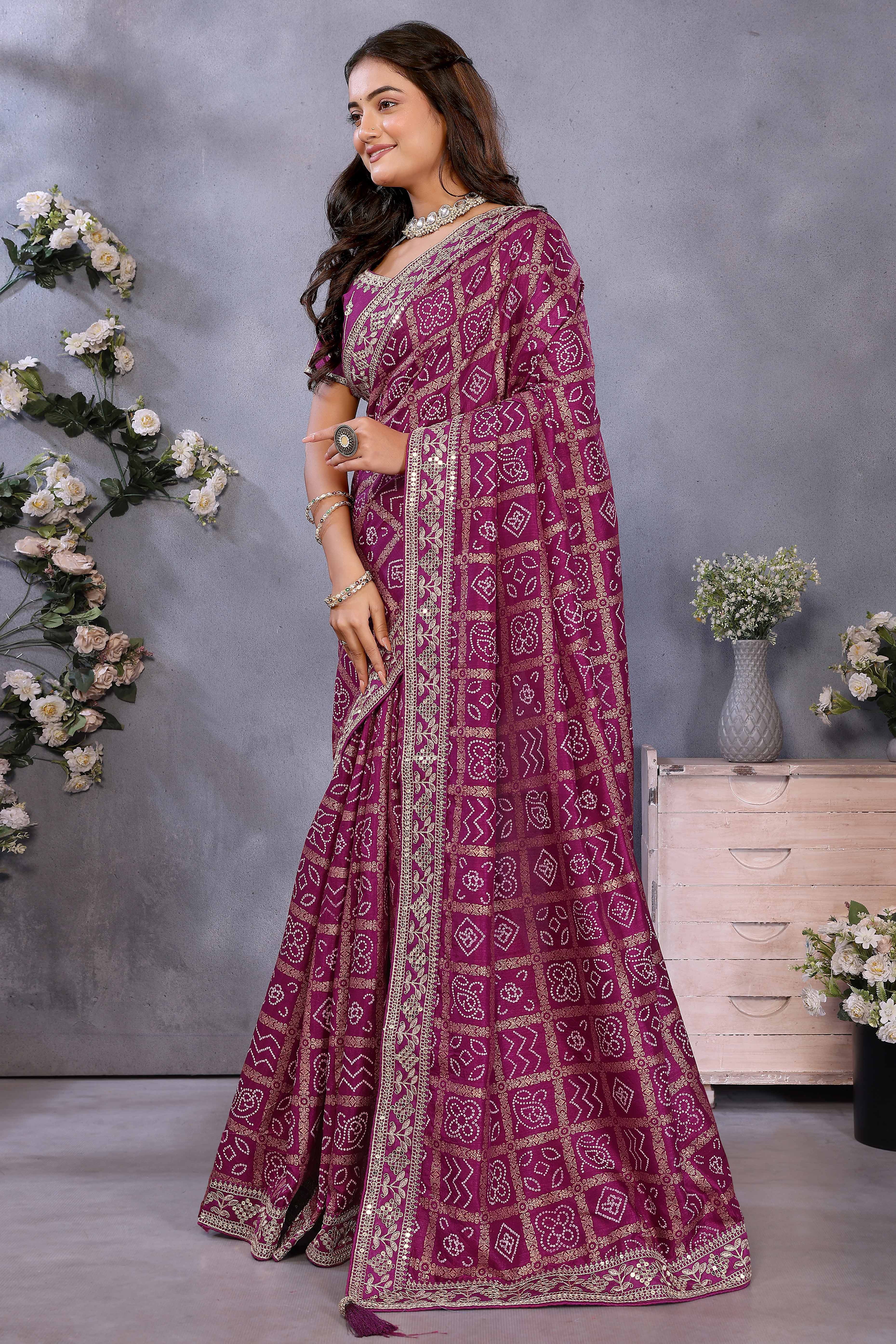 Purple Vichitra Silk Saree Highlighted with Bandhani Print and Sequins Embroidered Border