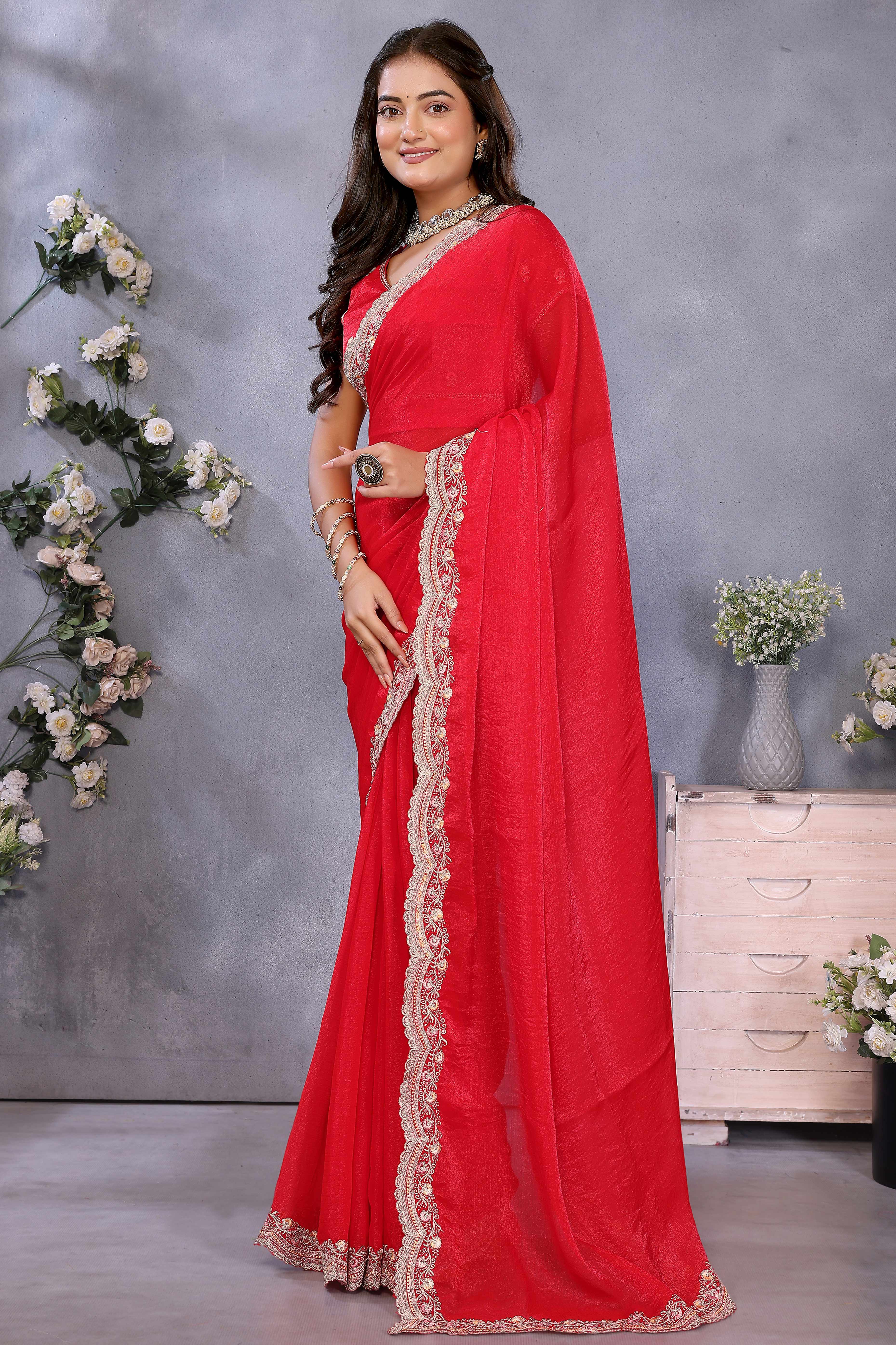 Red Chiffon Saree with Delicate Embroidered Motifs for Special Occasions