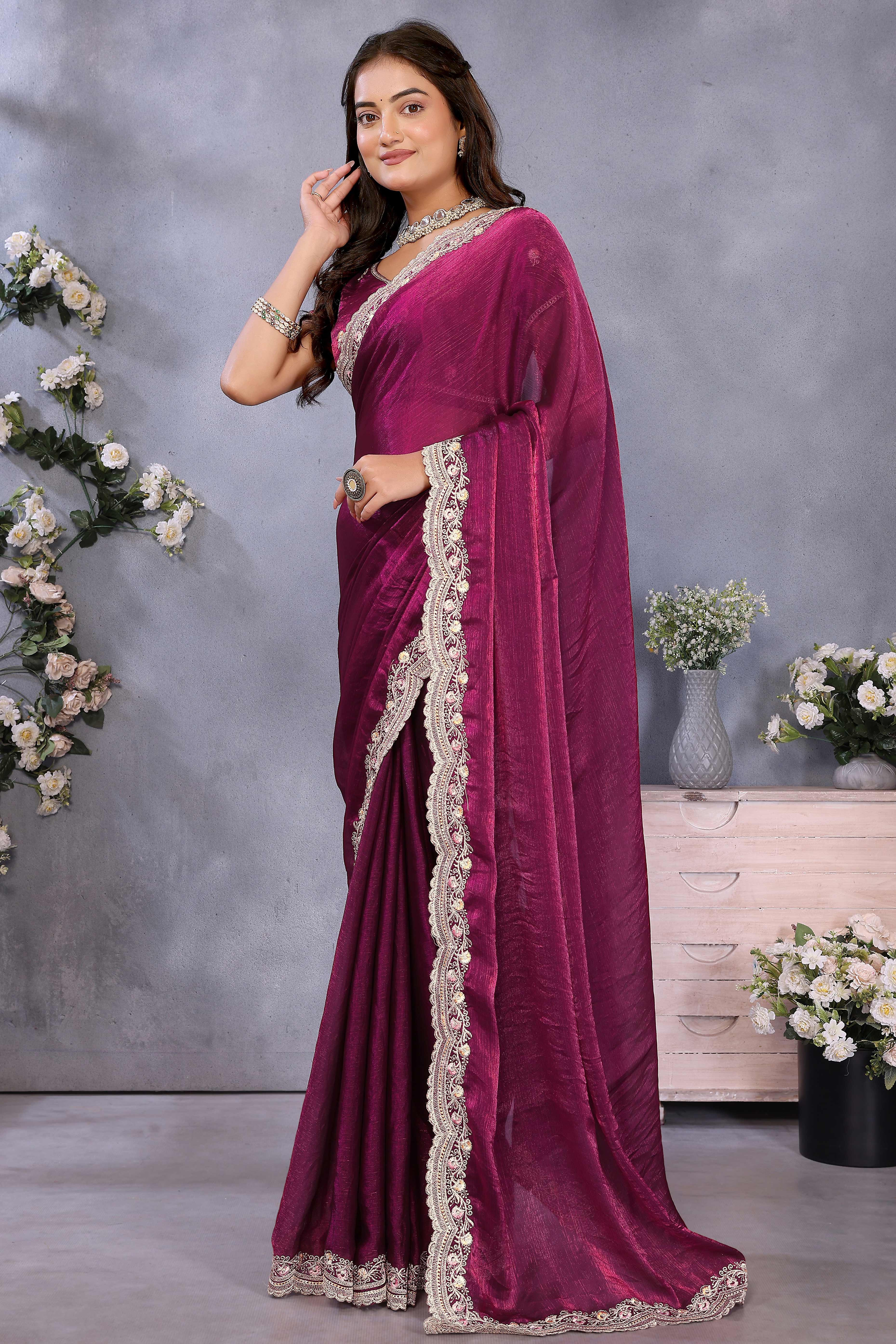 Wine Chiffon Saree with Delicate Embroidered Motifs for Special Occasions