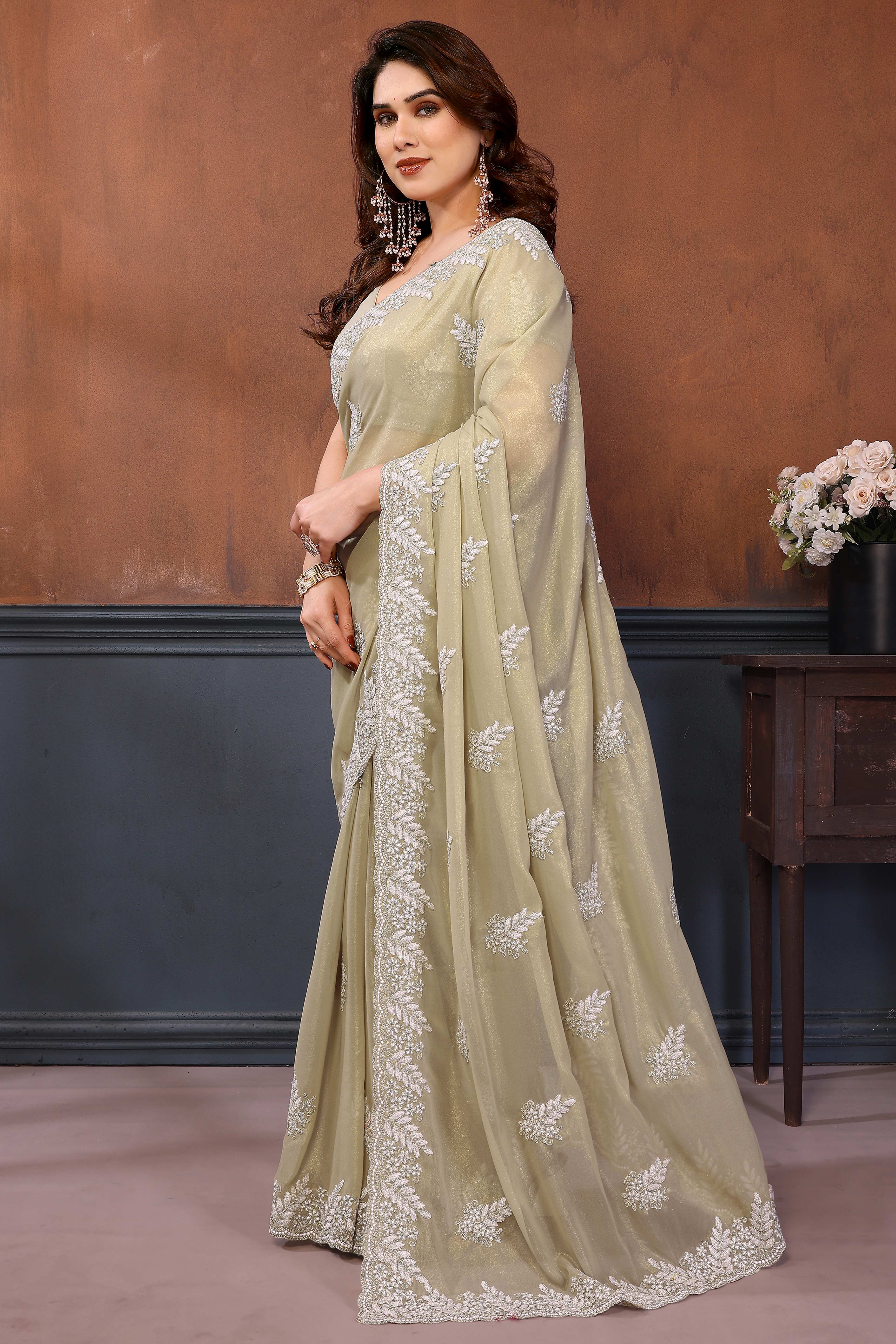Gold Beige Thread Work Embroidered Georgette Partywear Saree with Elegant Designer Finish