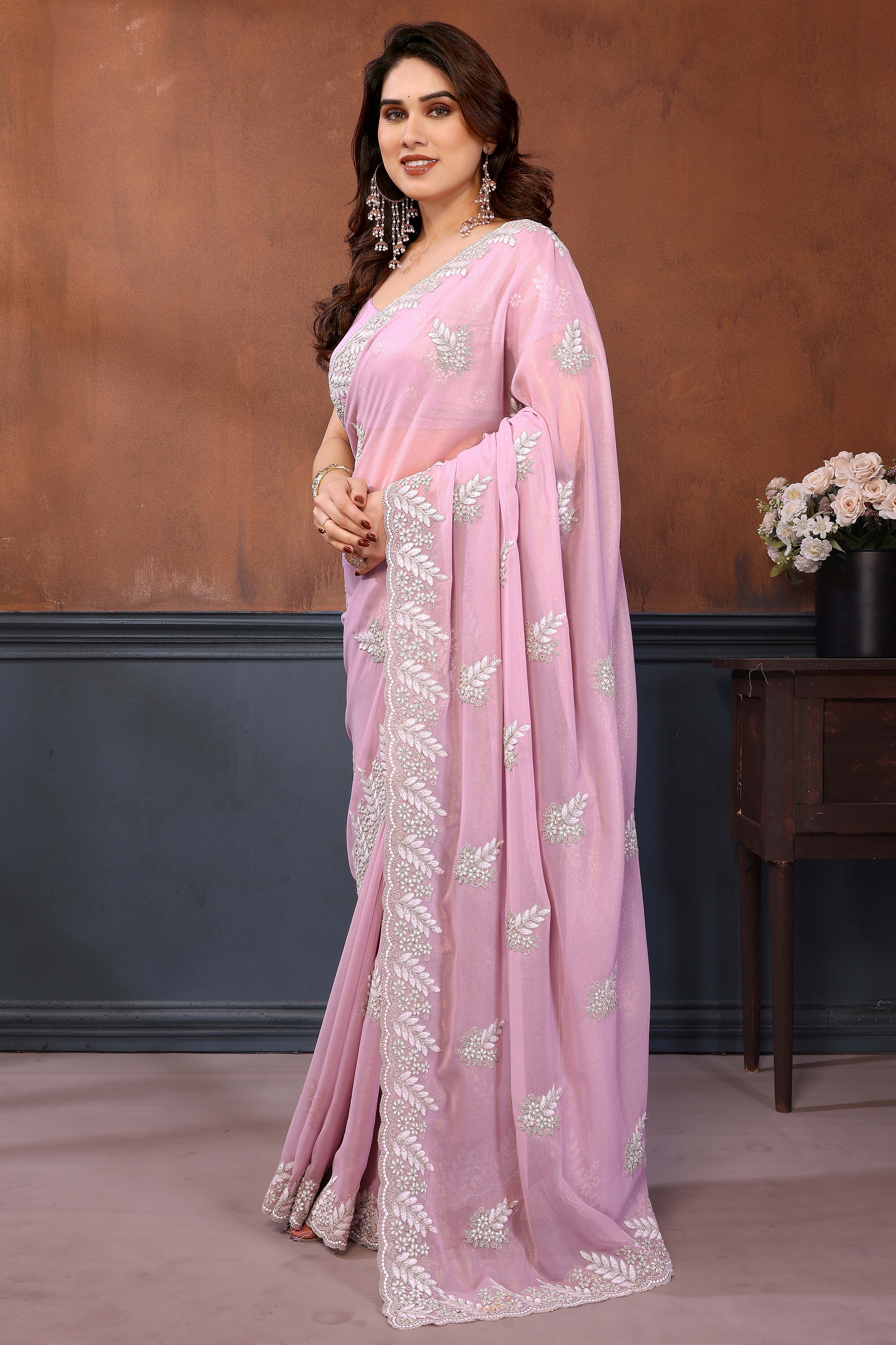 Baby Pink Thread Work Embroidered Georgette Saree Beautiful Partywear with Soft Draping