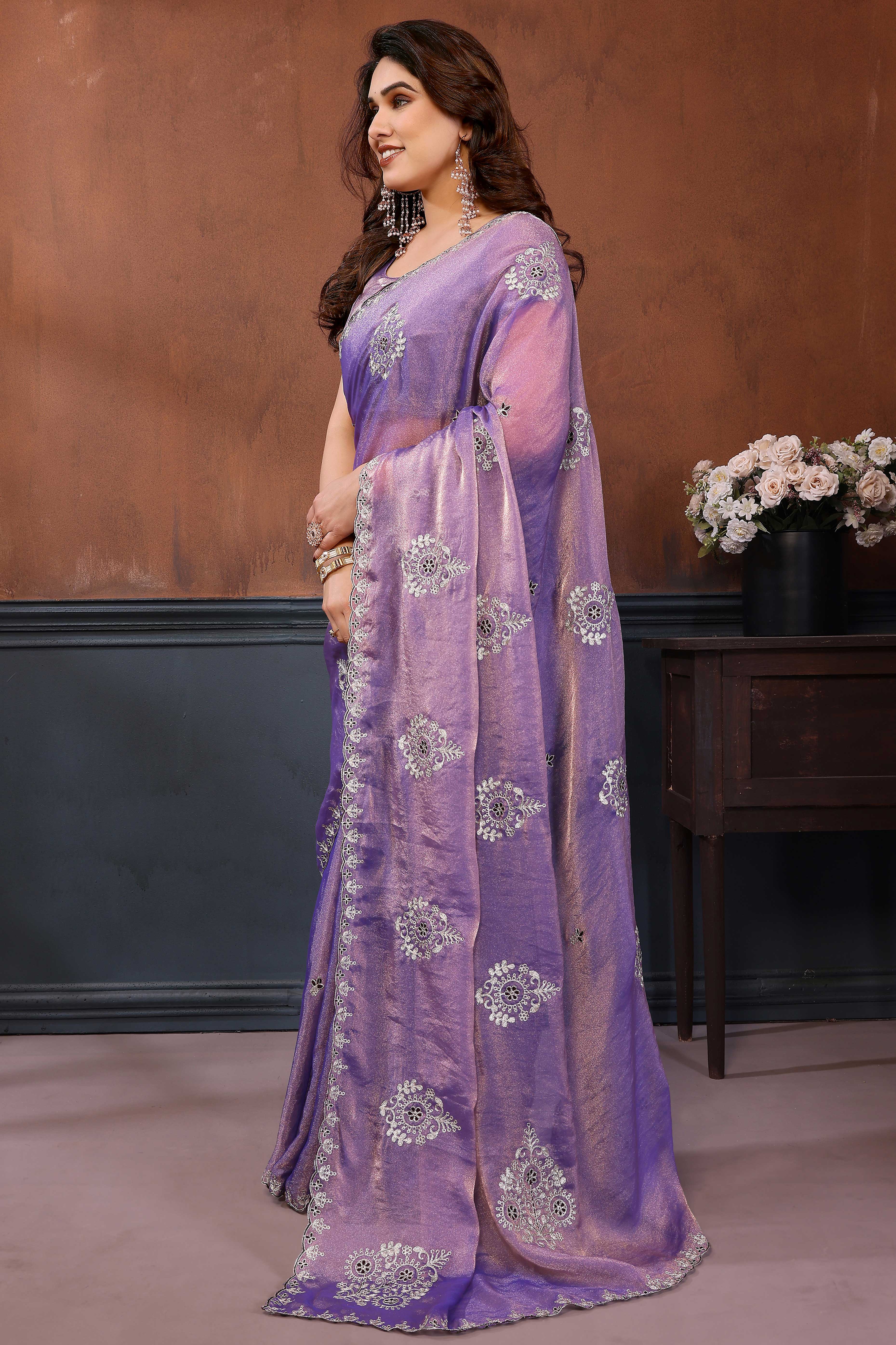 Lavender Thread Work Embroidered Chiffon Partywear Saree with Delicate Designer Look