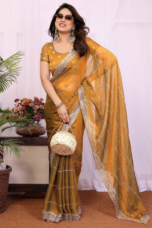 Mustard Sequins Work Embroidered Chiffon Saree Glamorous Partywear with Sparkling Detailing