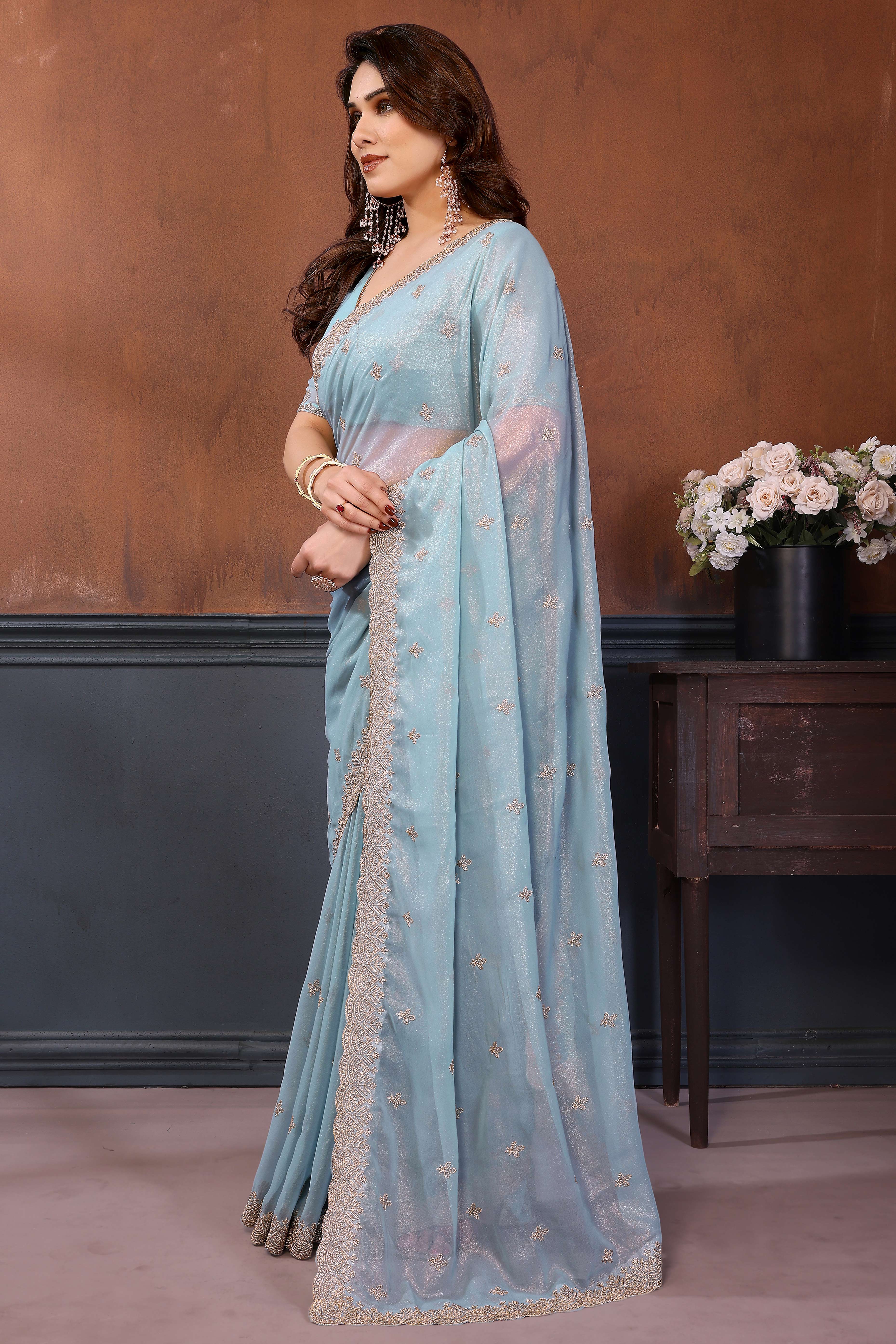 Sky Blue Thread Work Embroidered Georgette Saree Elegant Lightweight Partywear Drape