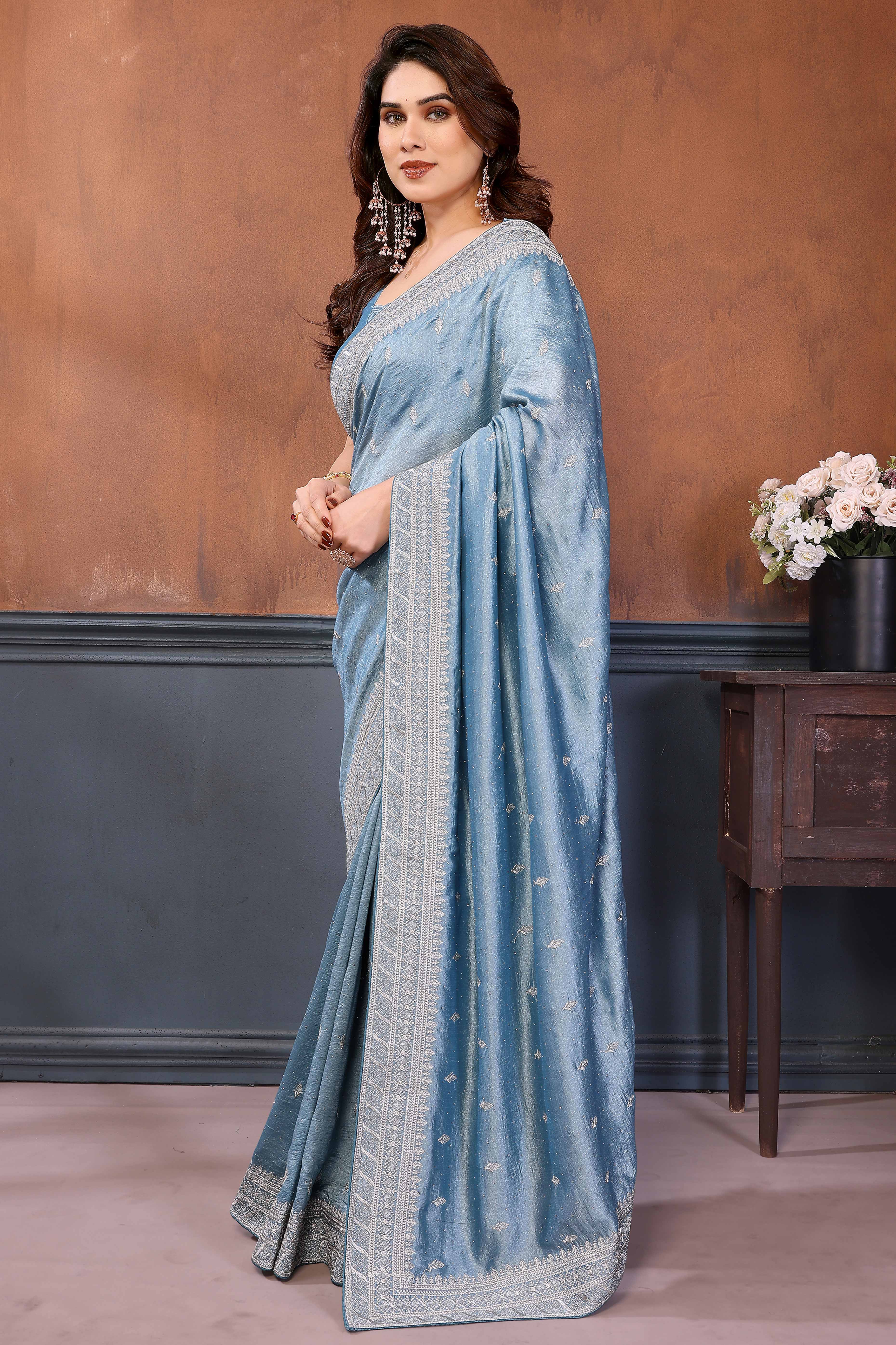 Light Blue Thread Work Embroidered Vichitra Silk Partywear Saree
