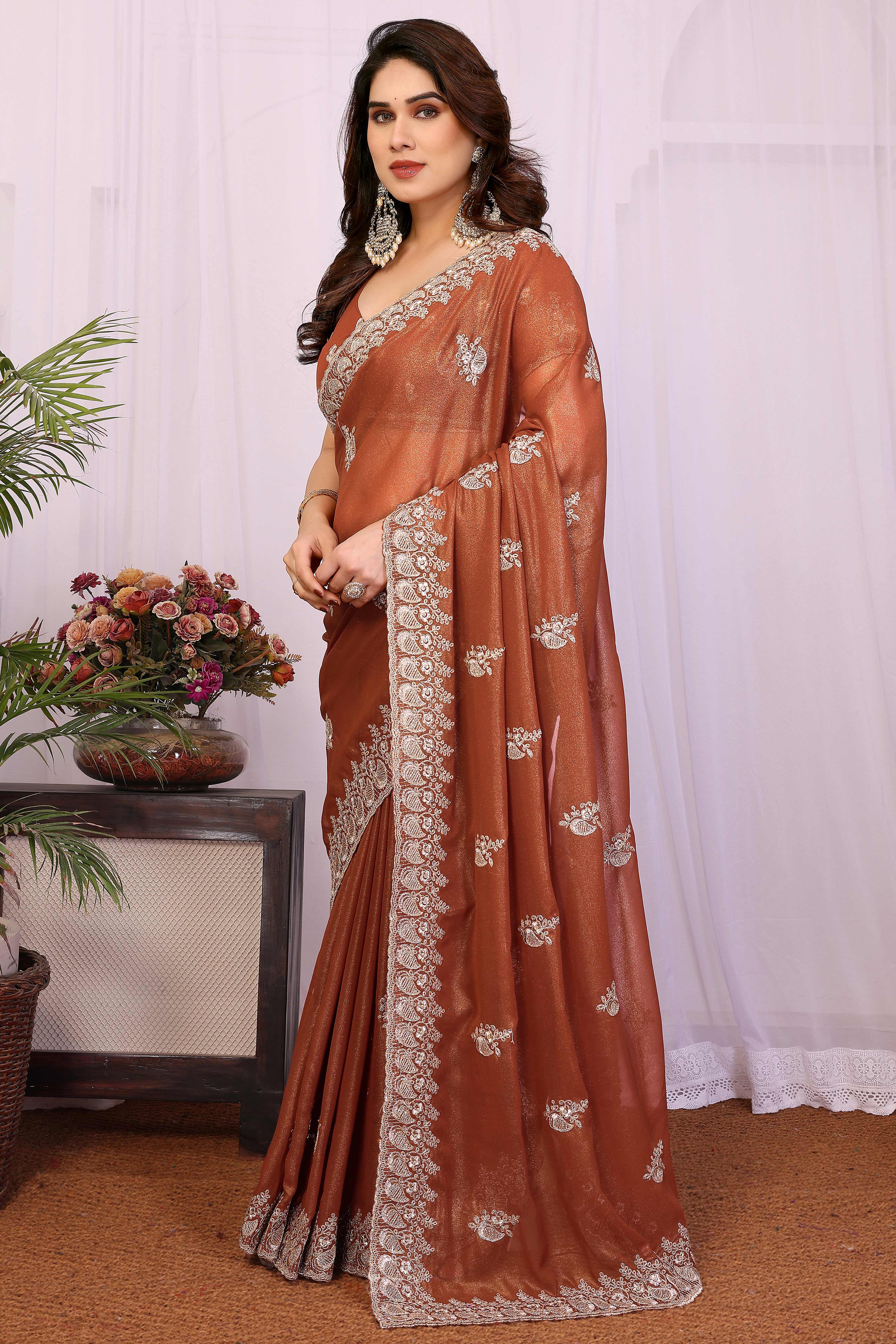 Brown Thread Work Embroidered Georgette Partywear Saree with Classic Designer Appeal