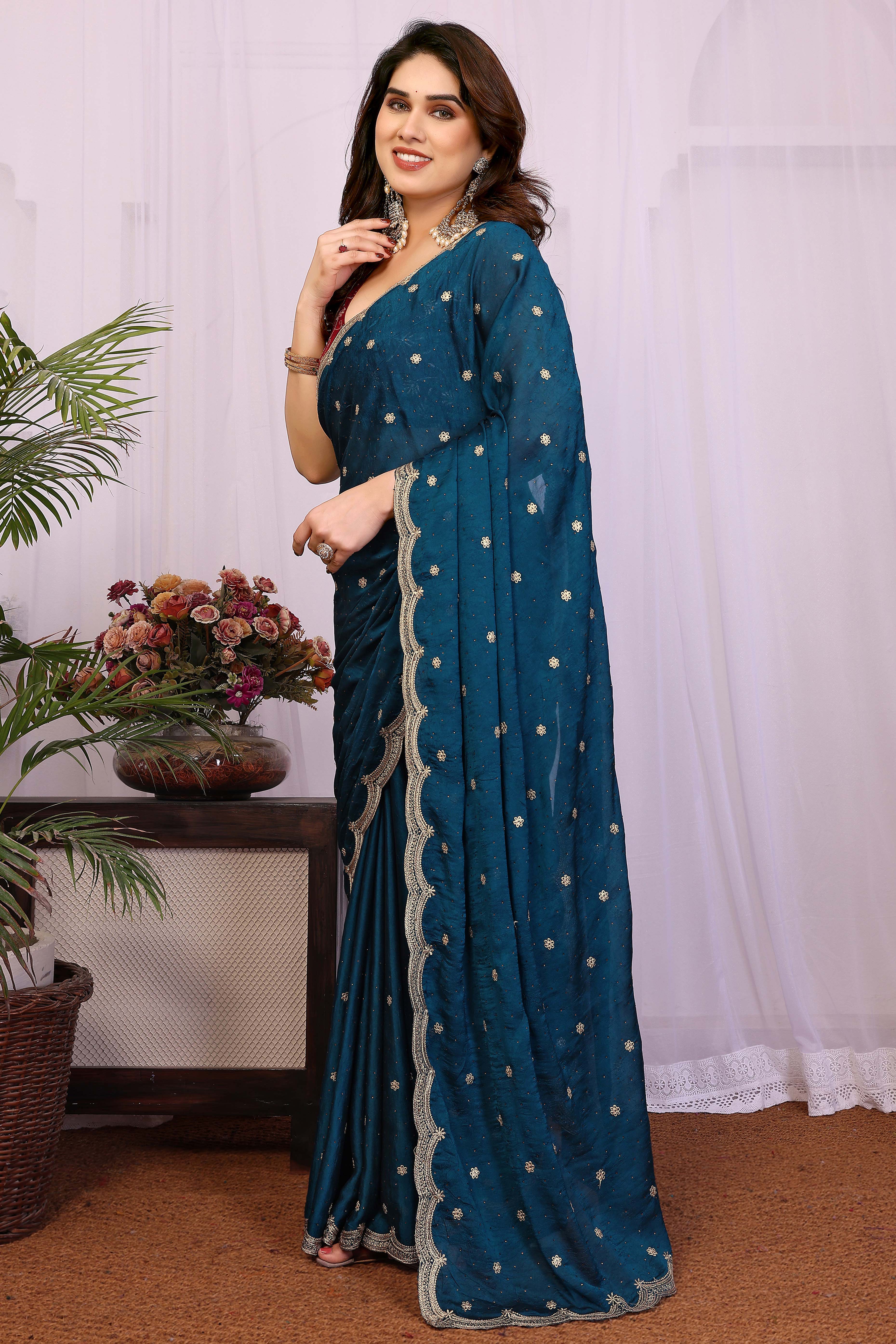 Teal Thread Work Embroidered Vichitra Silk Saree Stunning Partywear with Luxurious Finish