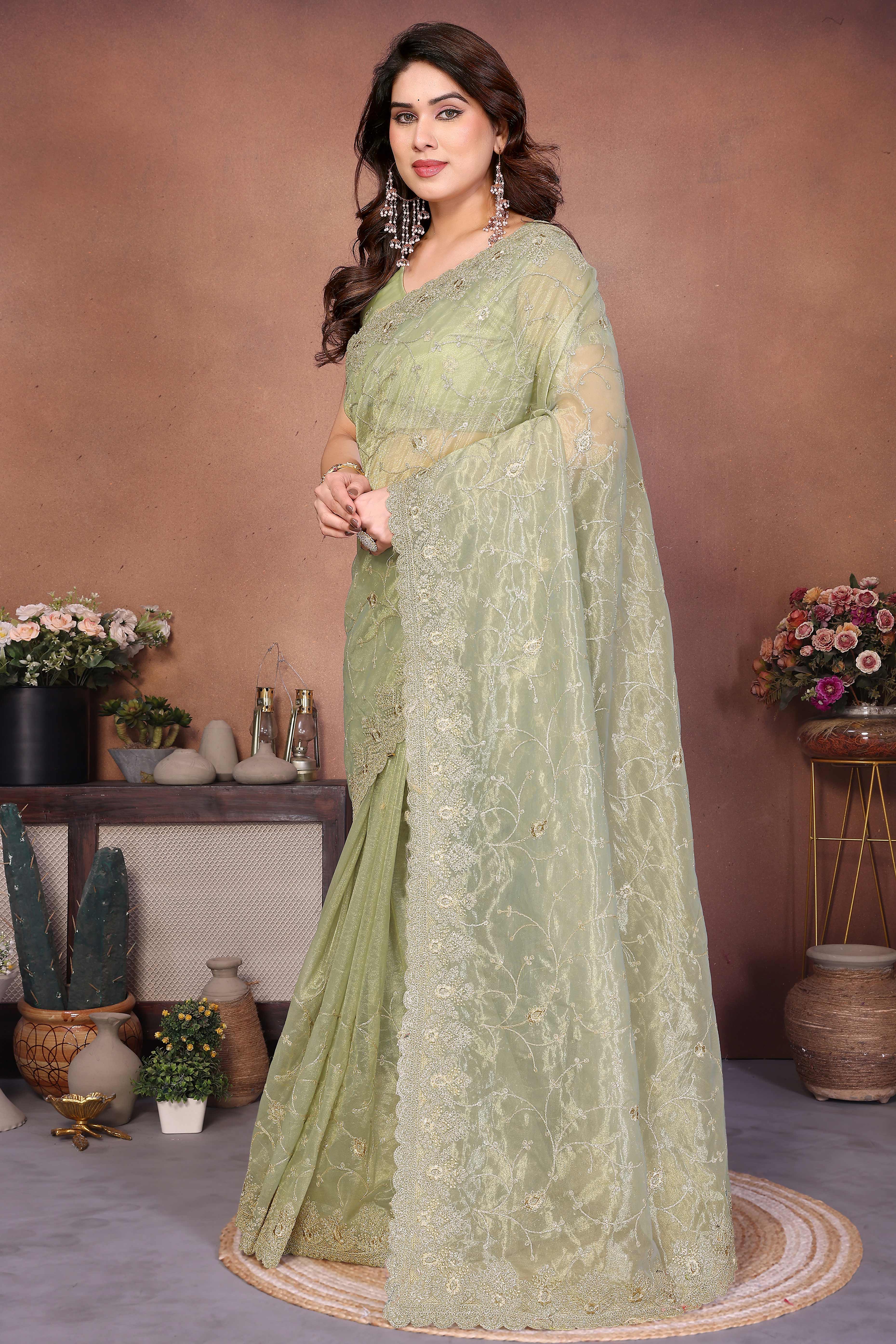 Pista Green Designer Twill Net Saree Enhanced with Delicate Thread Work Embroidery