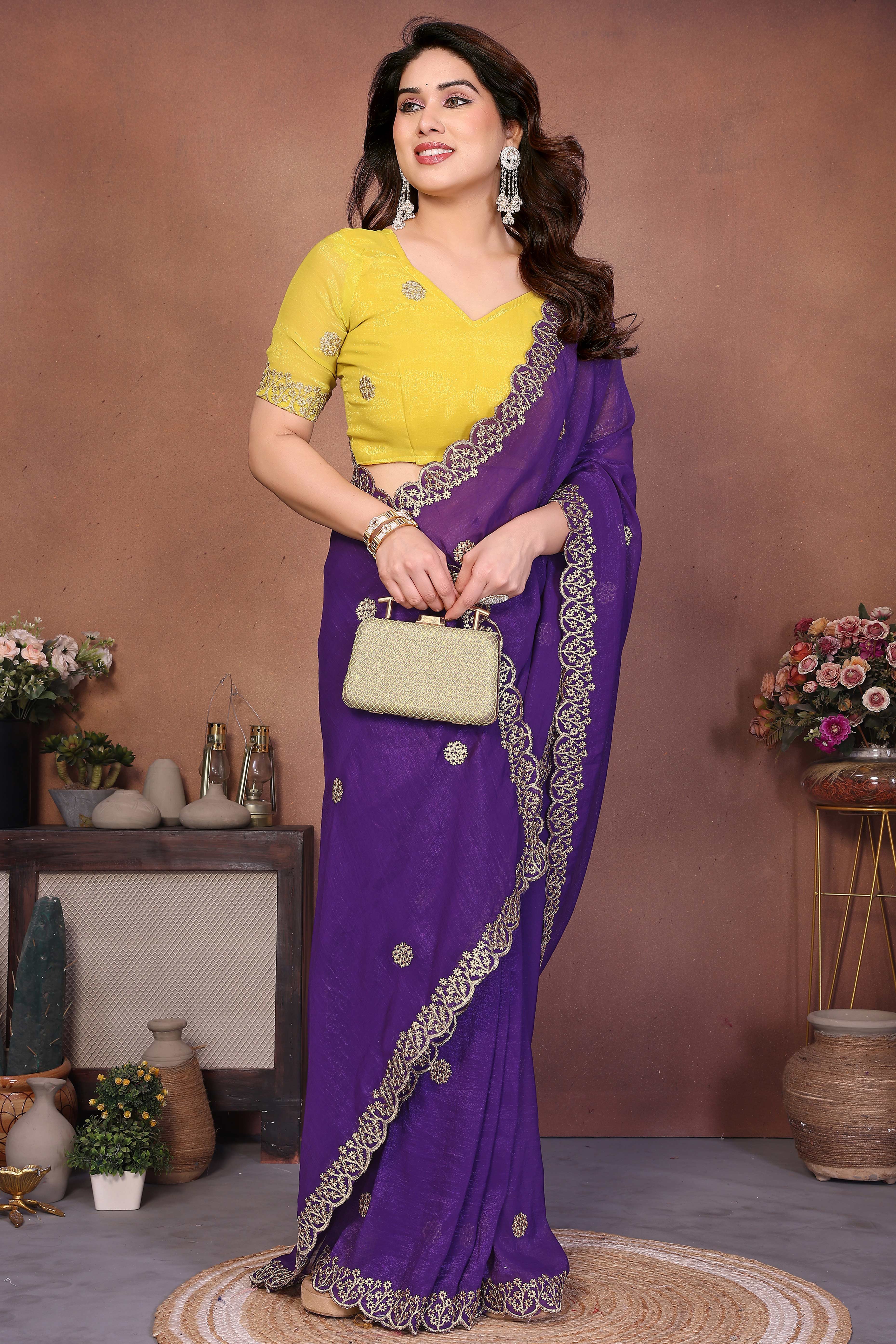 Violet Designer Crunchy Saree Enhanced with Delicate Thread Work Embroidery