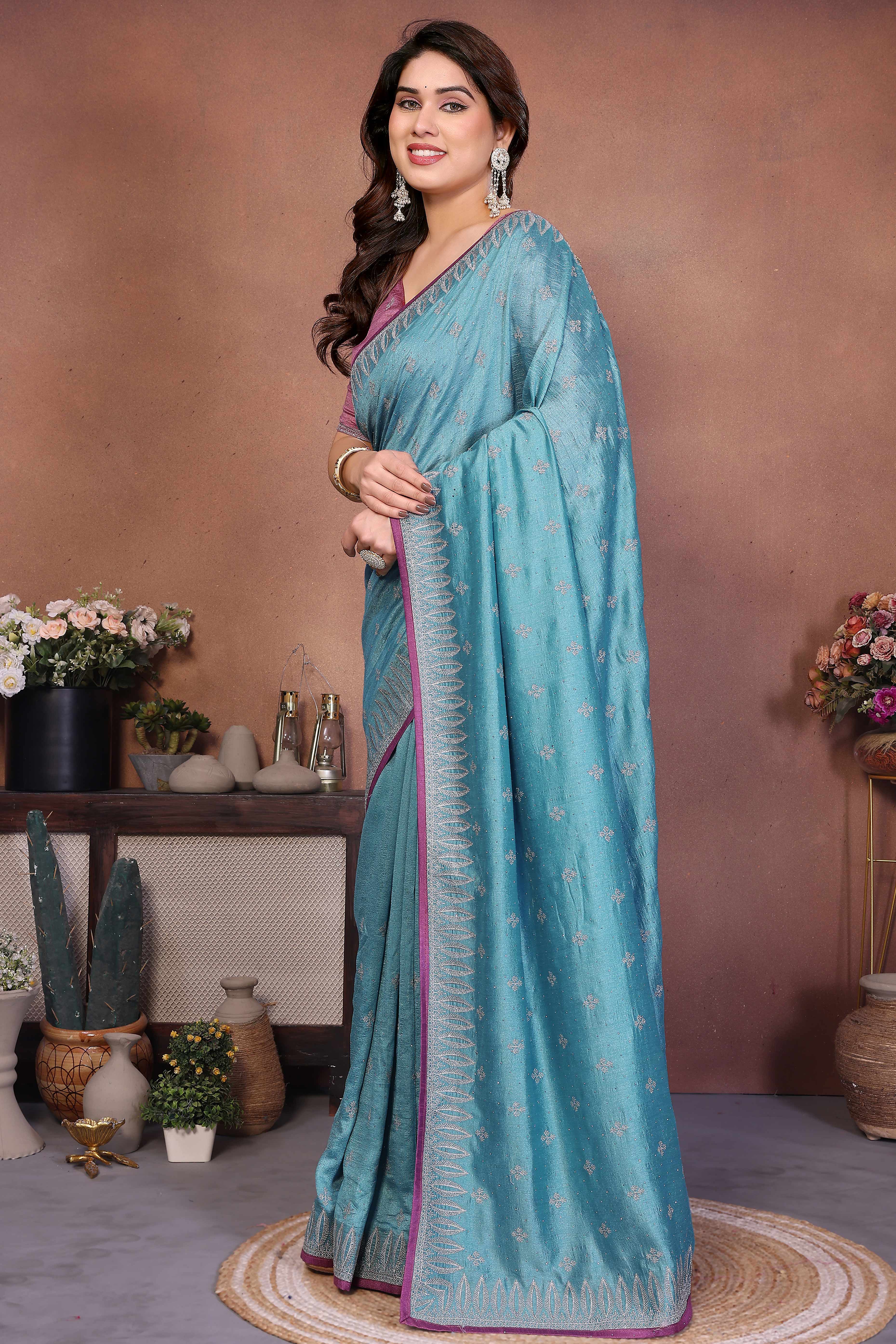 Teal Designer Vichitra Silk Saree Enhanced with Delicate Thread Work Embroidery