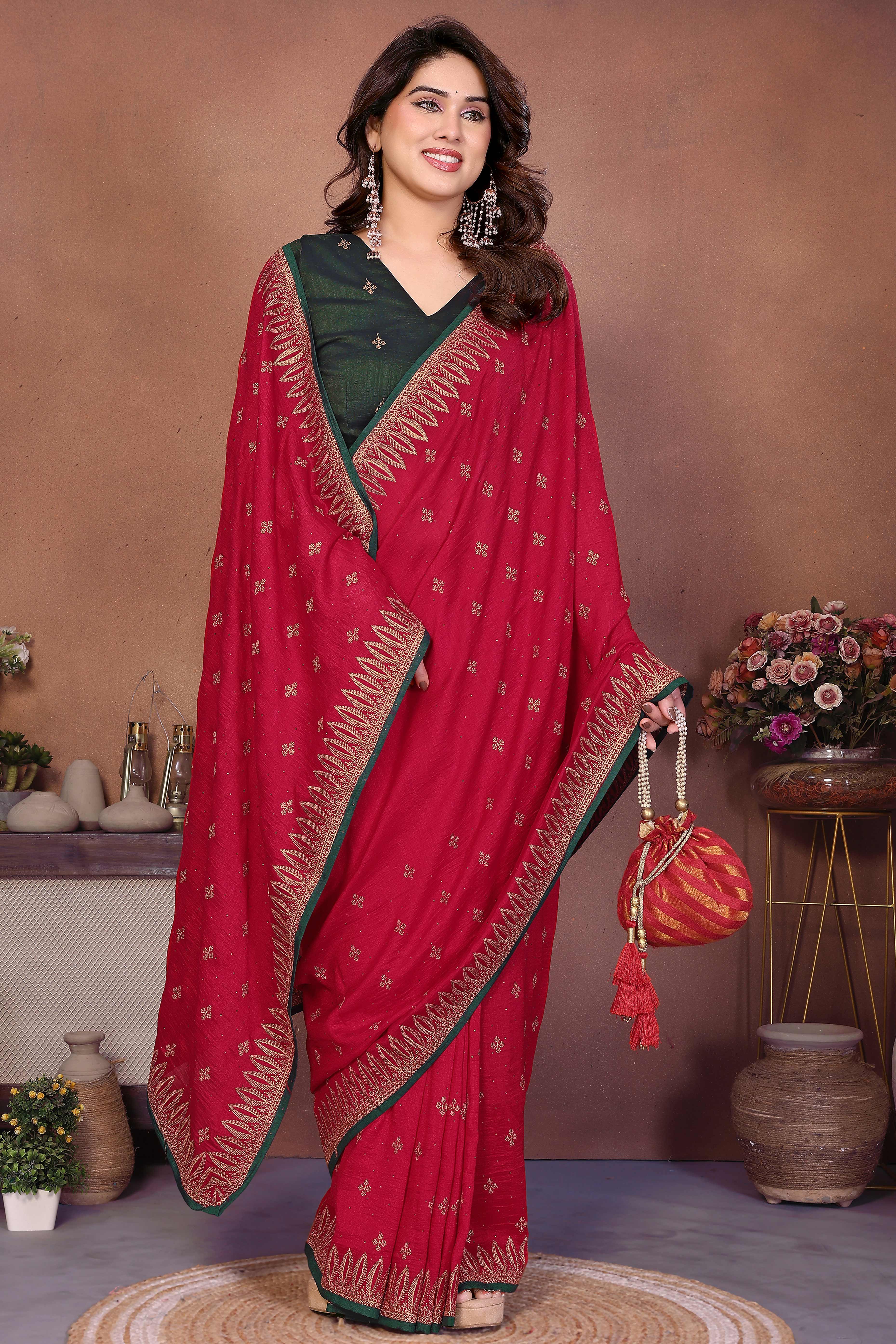 Crimson Red Designer Vichitra Silk Saree Enhanced with Delicate Thread Work Embroidery