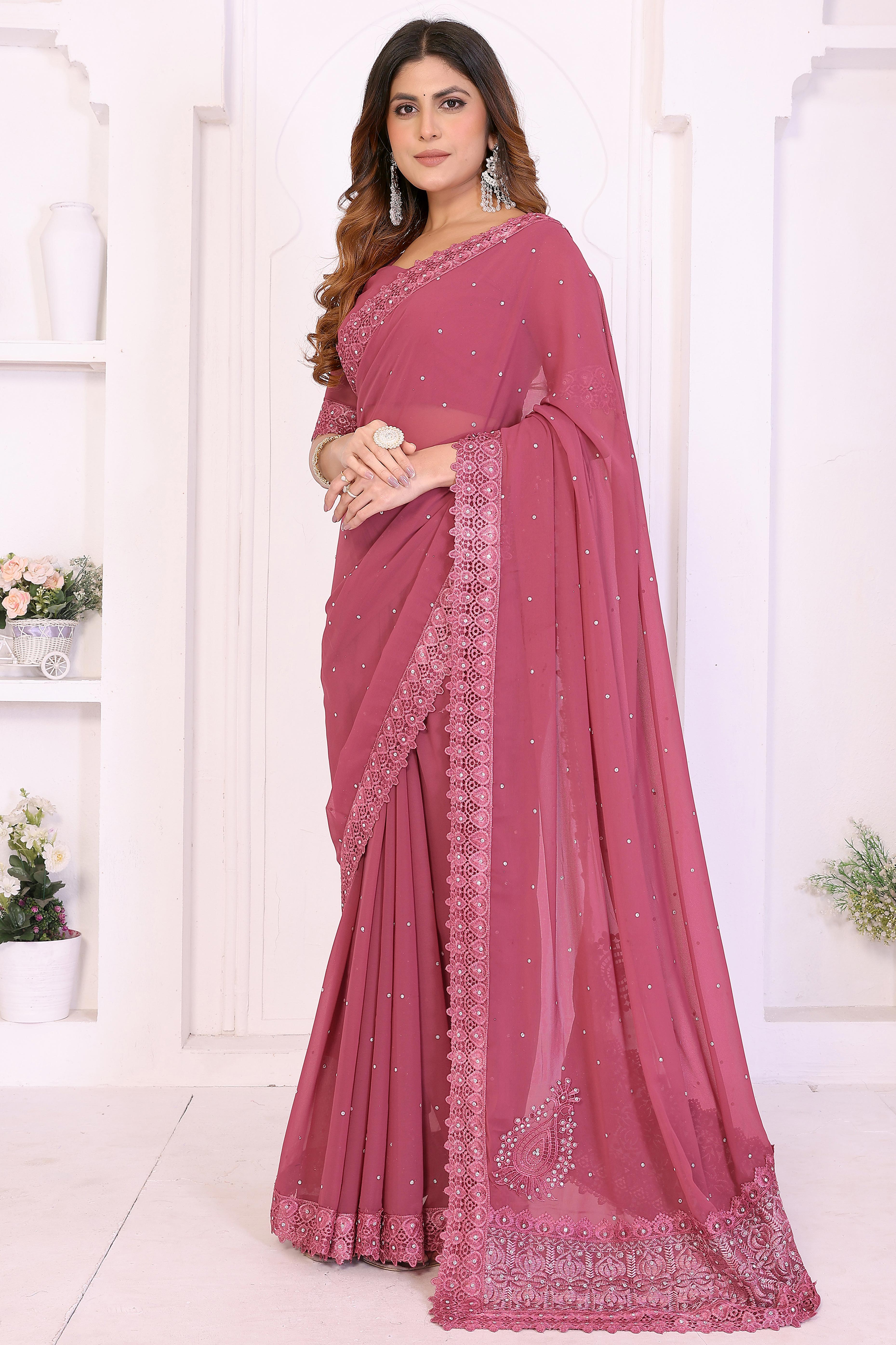 Dusty Pink Designer Georgette Saree Enhanced with Delicate Thread Work Embroidery