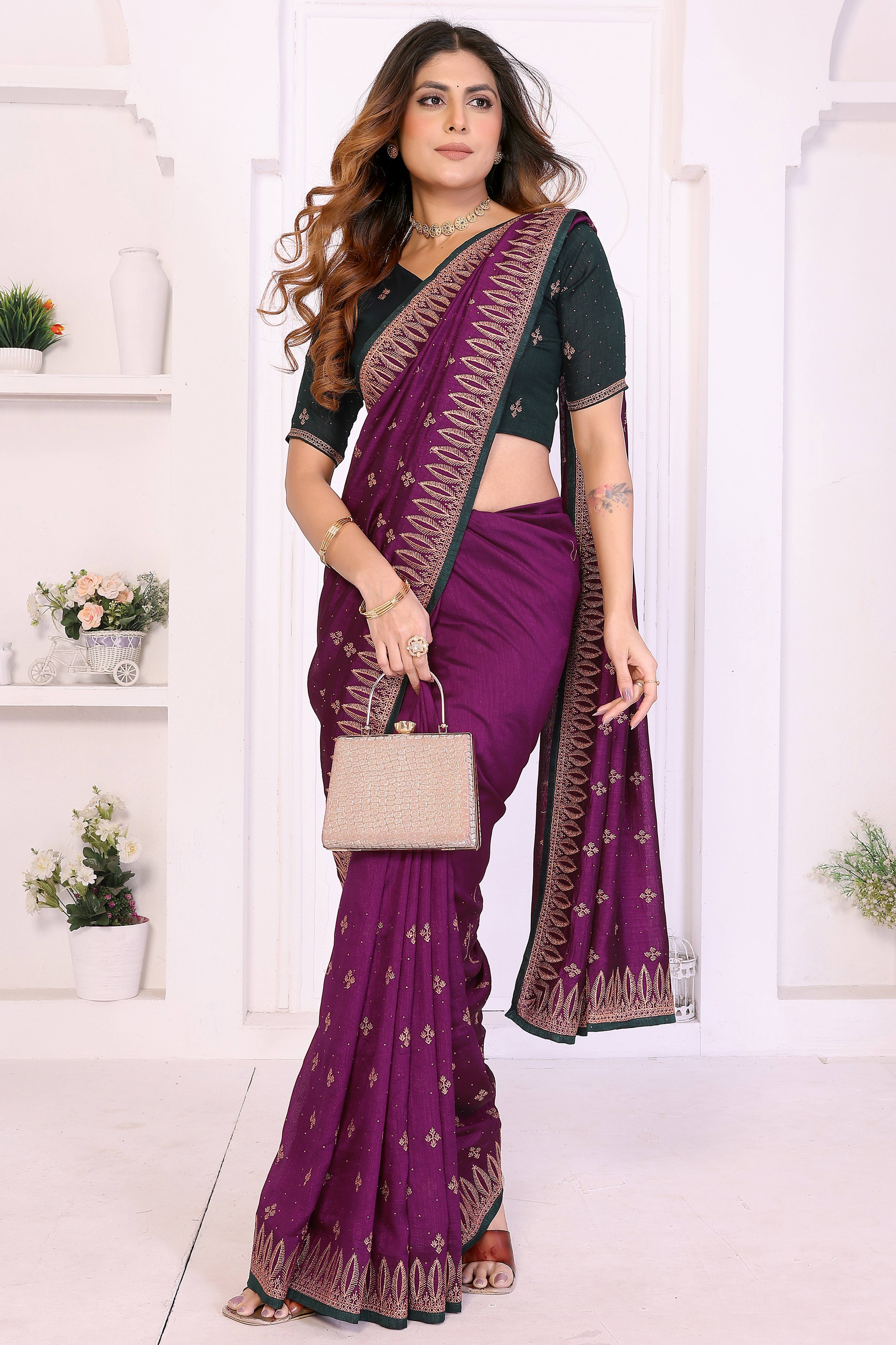 Purple Designer Vichitra Silk Saree Enhanced with Delicate Thread Work Embroidery