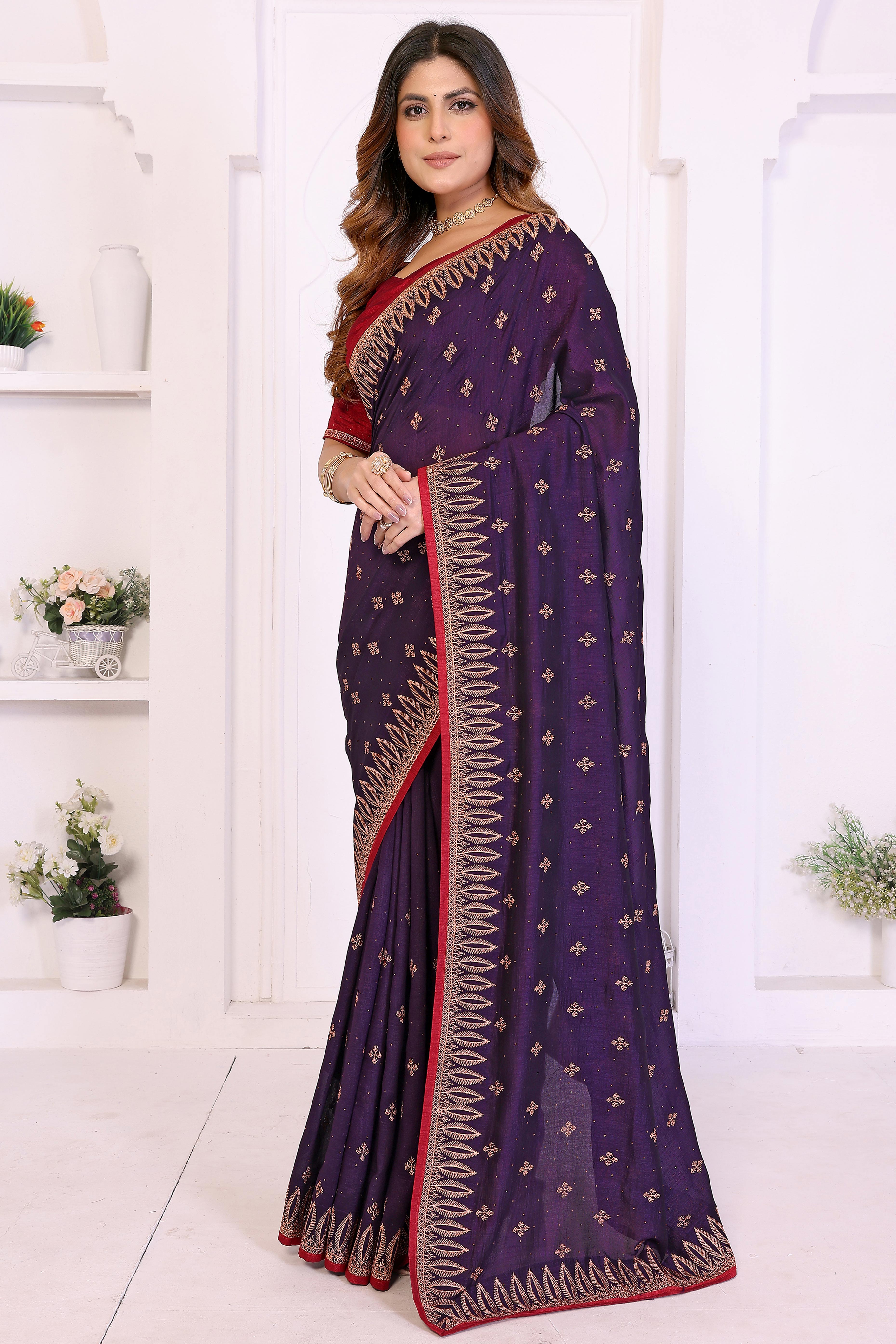 Violet Designer Vichitra Silk Saree Enhanced with Delicate Thread Work Embroidery