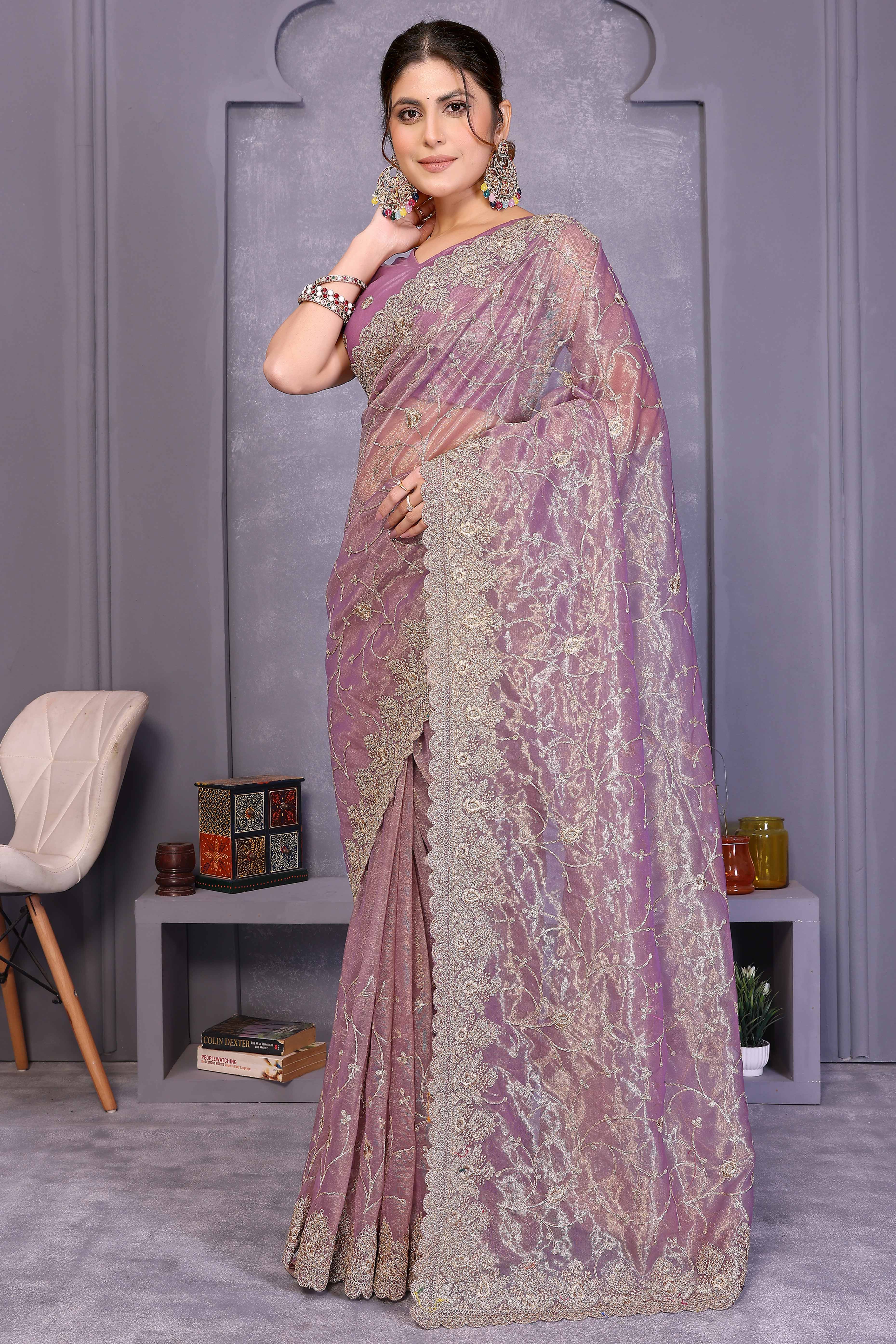 Light Purple Designer Twill Net Saree Enhanced with Delicate Thread Work Embroidery