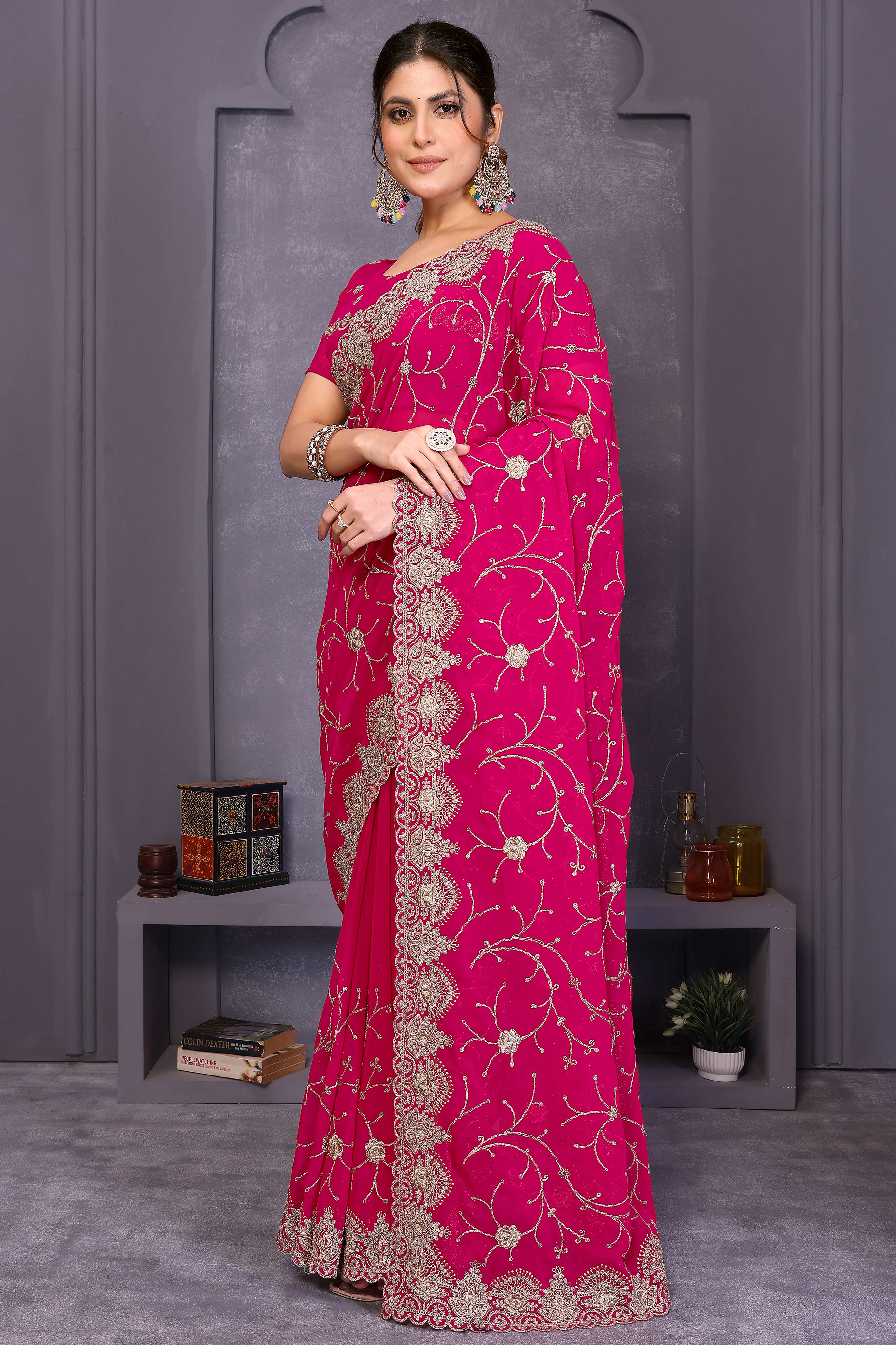 Pink Designer Georgette Saree Enhanced with Delicate Thread Work Embroidery