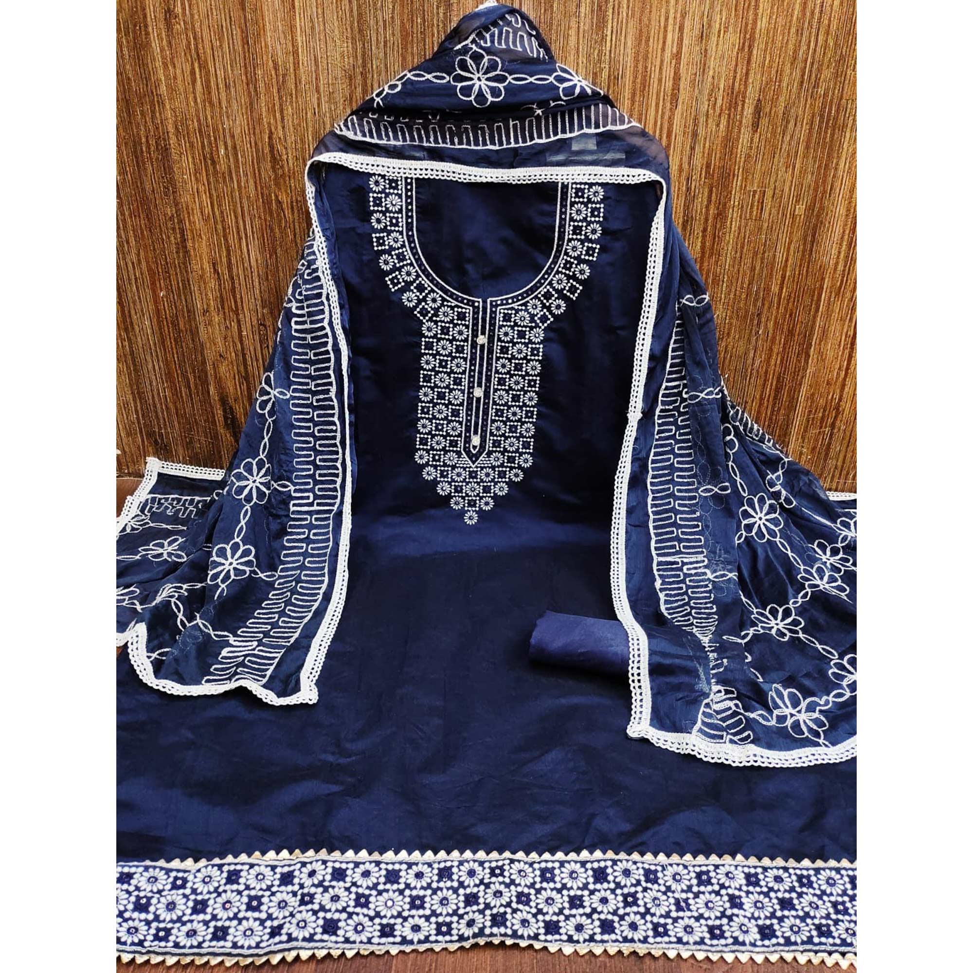 Navy Blue Floral Embroidered Chanderi Dress Material