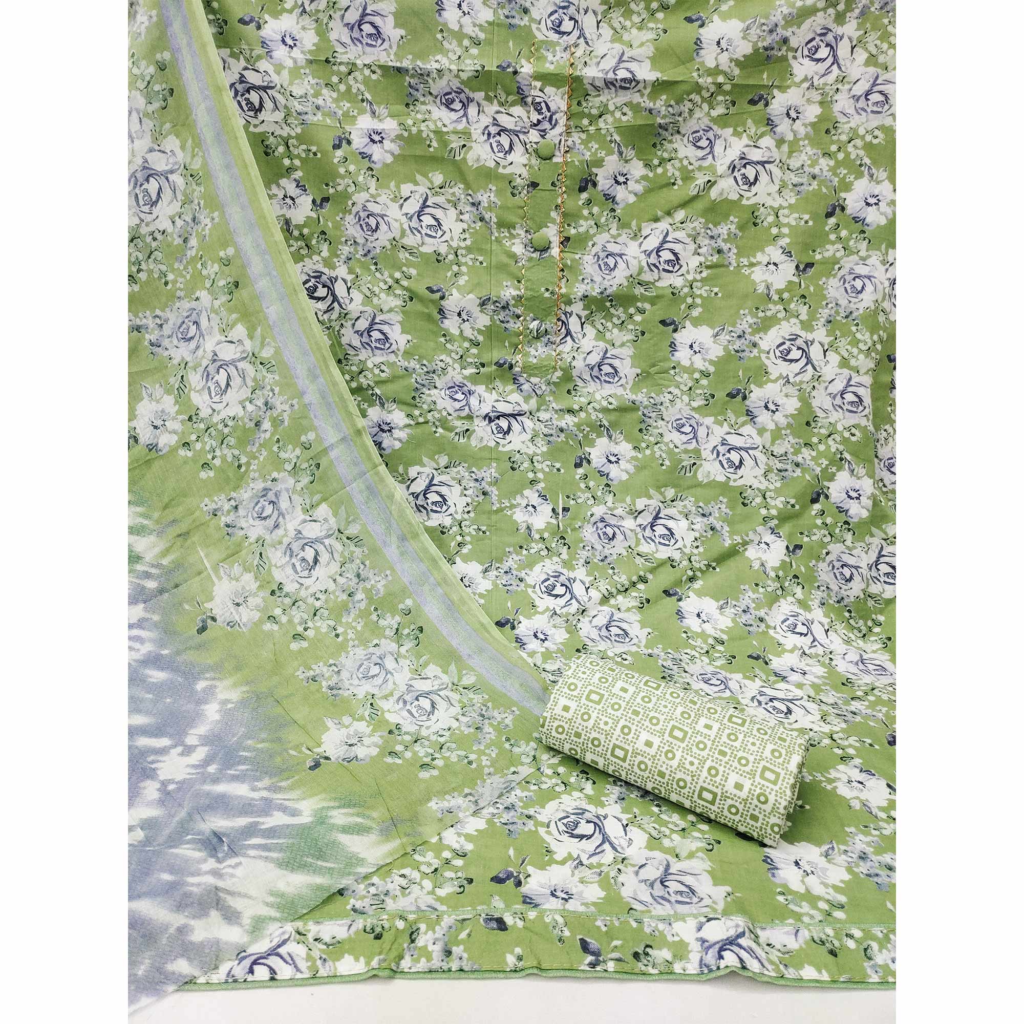 Pista Green Floral Printed Pure Cotton Dress Material