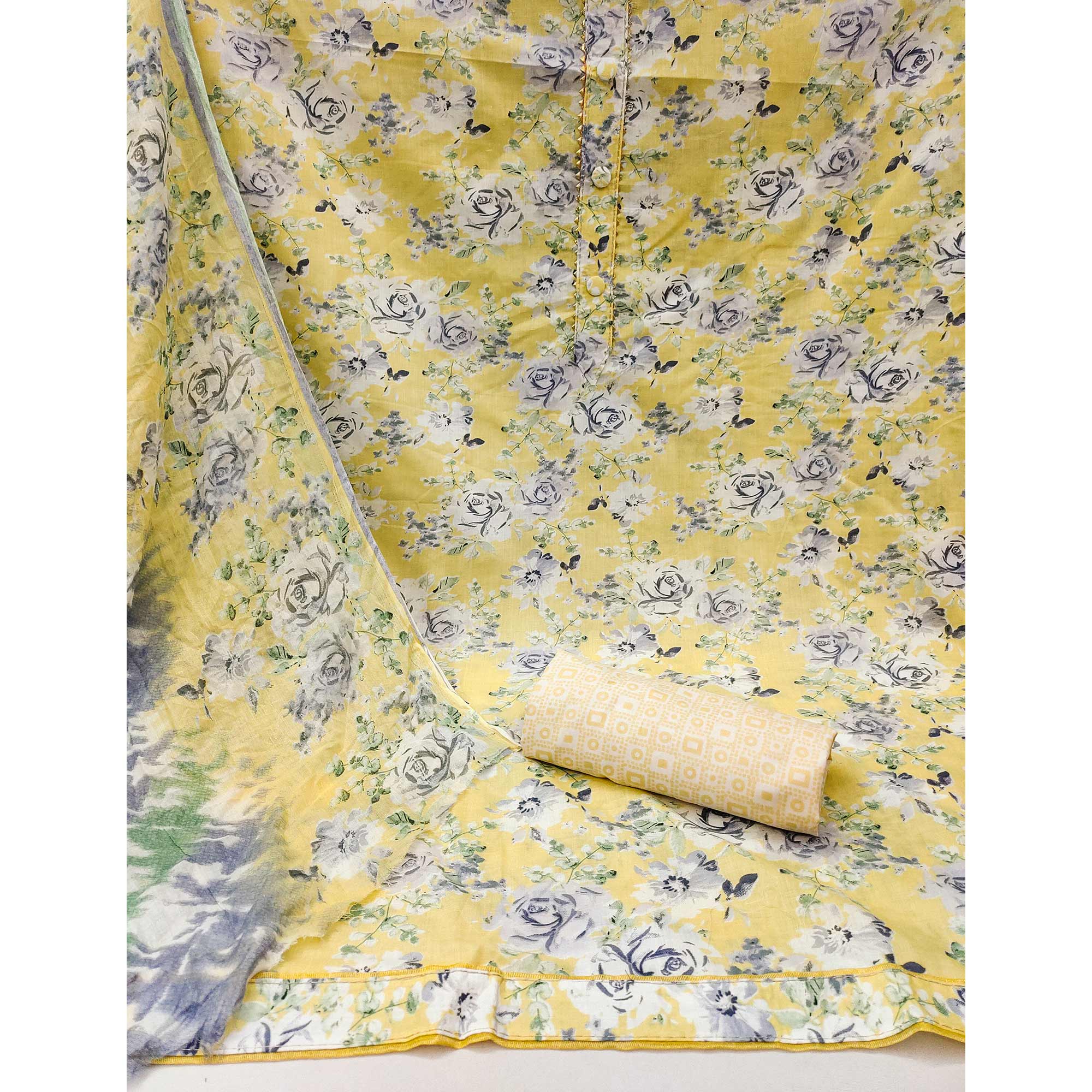 Yellow Floral Printed Pure Cotton Dress Material