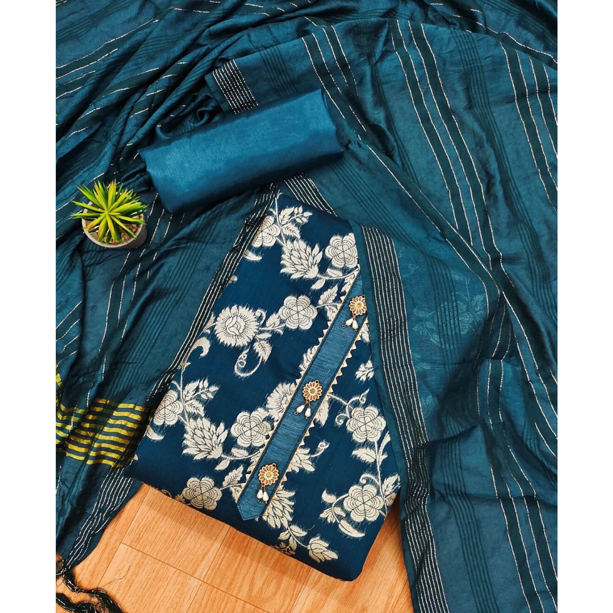 Blue Floral Woven Modal Dress Material