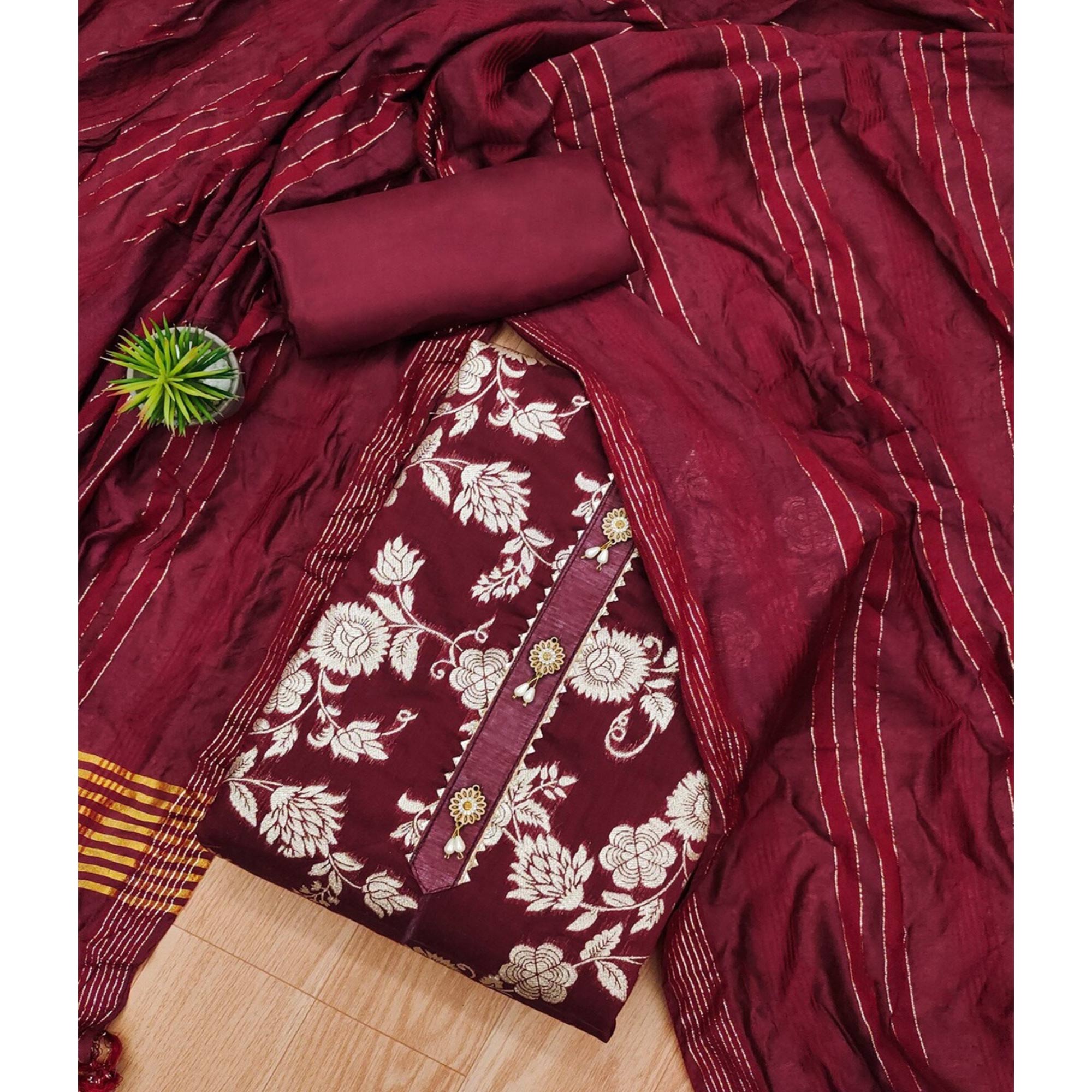 Maroon Floral Woven Modal Dress Material