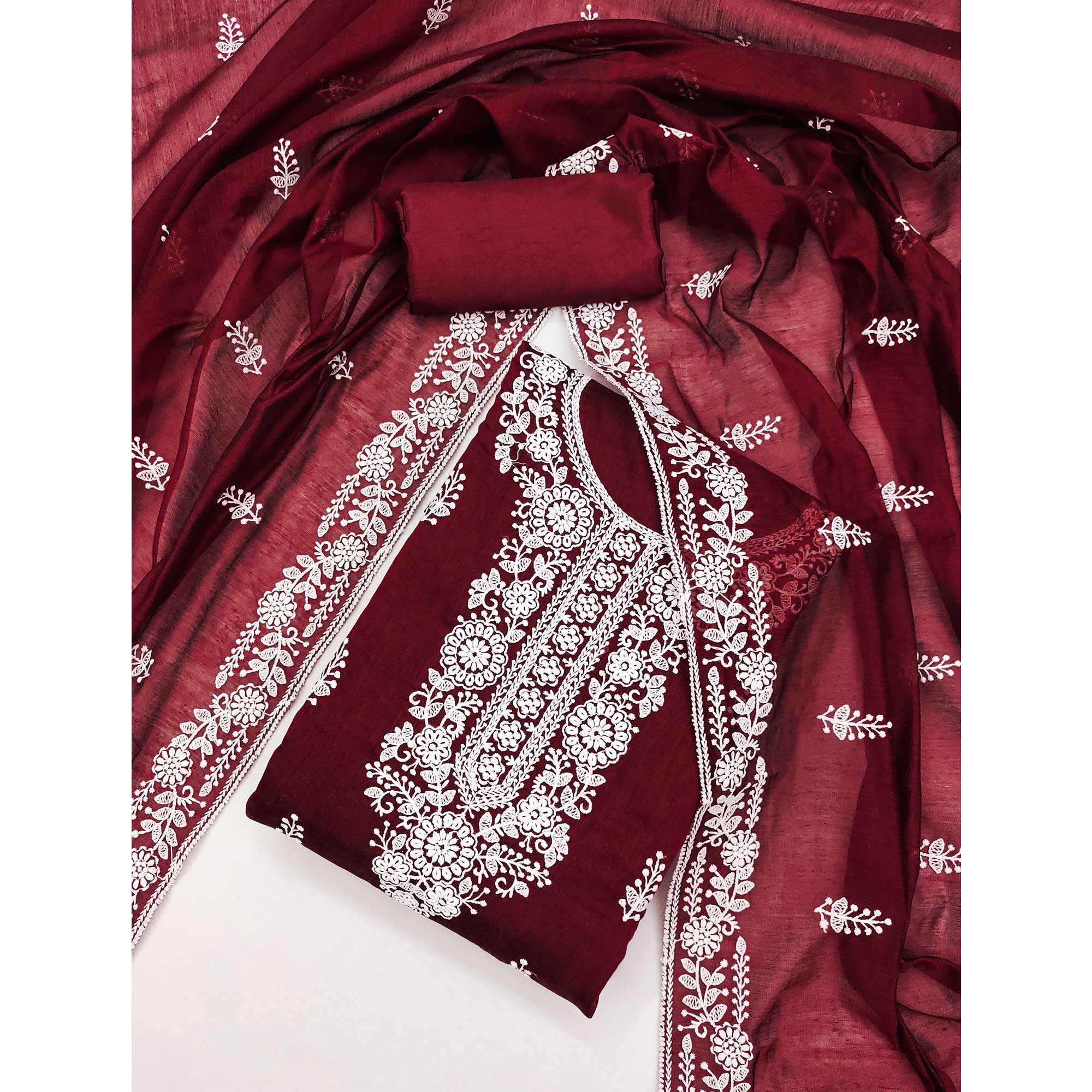 Maroon Floral Embroidered Modal Dress Material