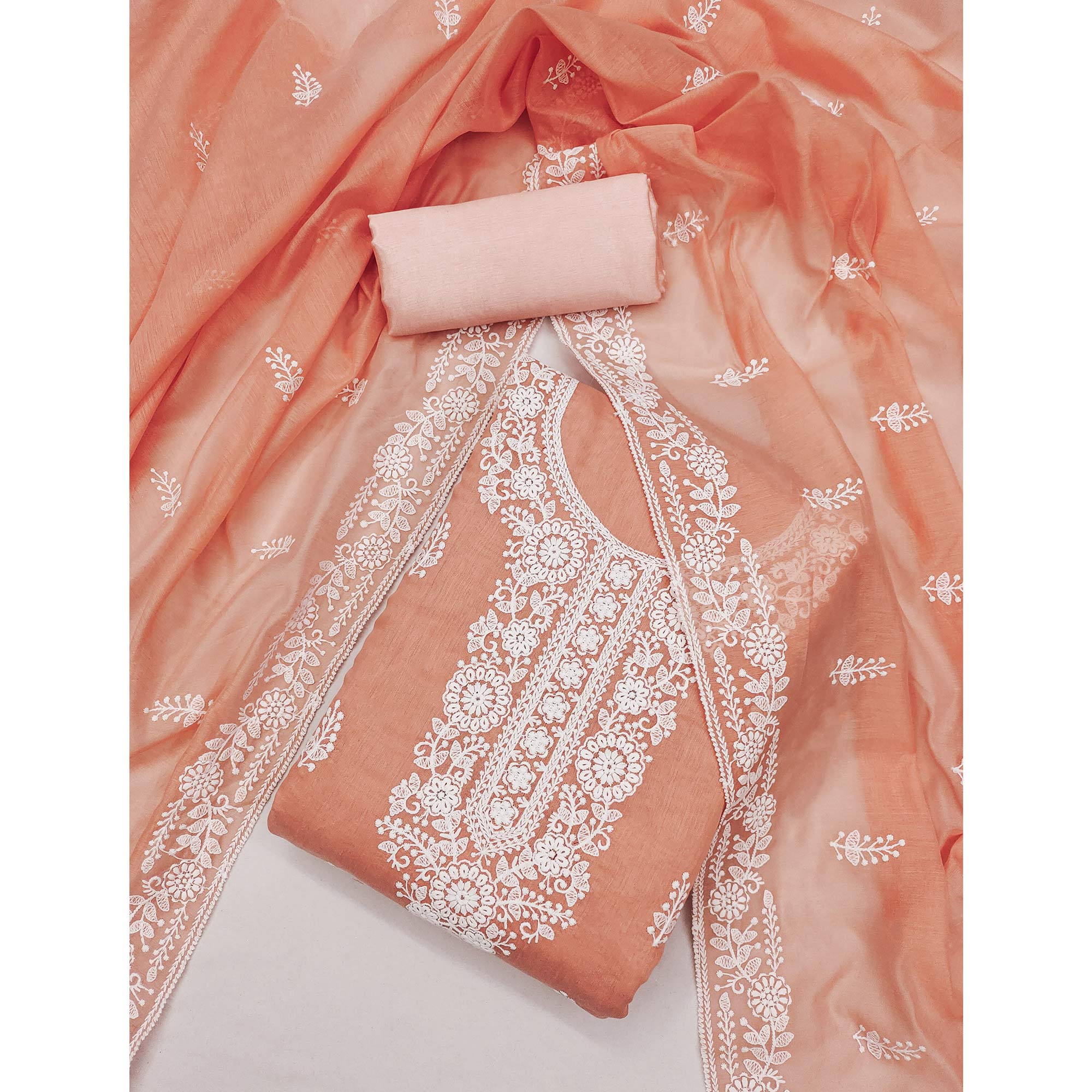 Peach Floral Embroidered Modal Dress Material