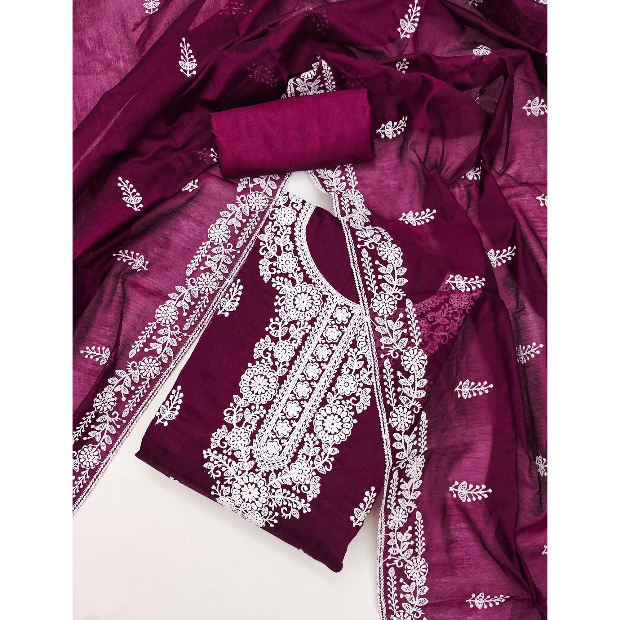 Wine Floral Embroidered Modal Dress Material