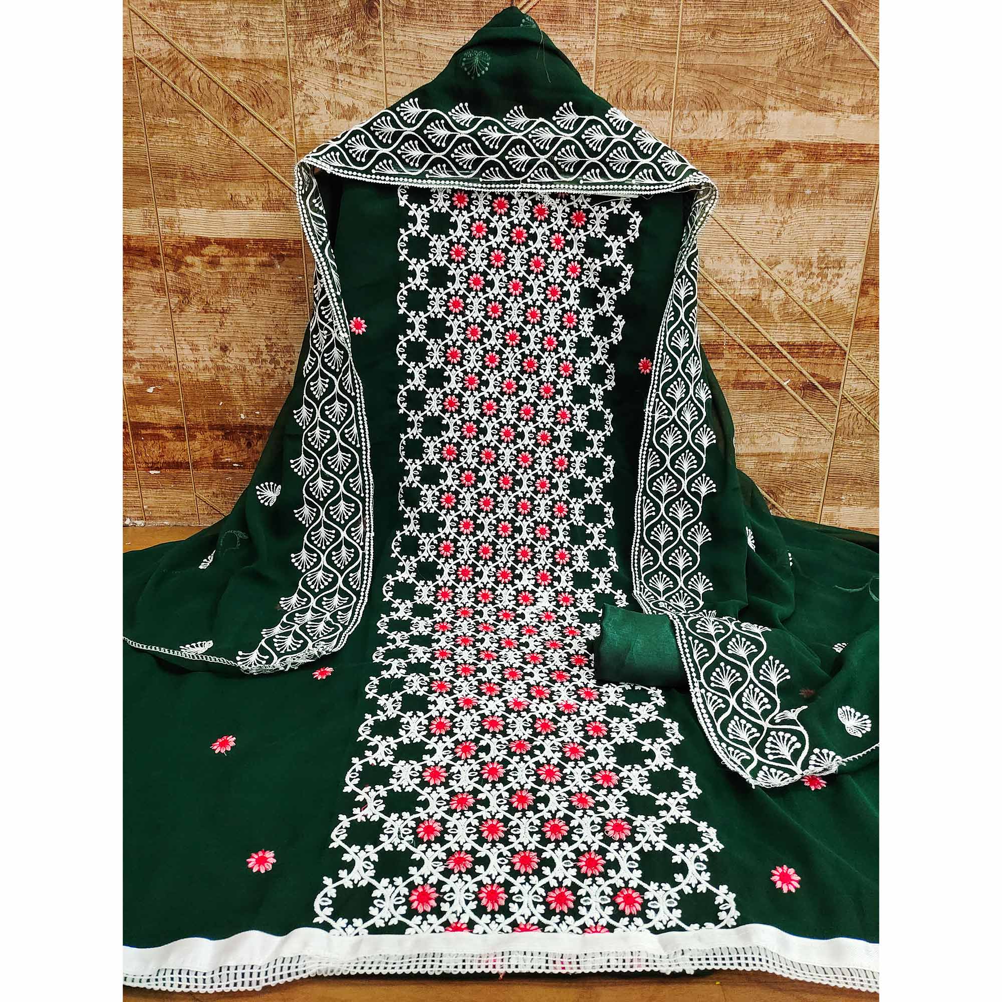 Bottle Green Embroidered Georgette Dress Material