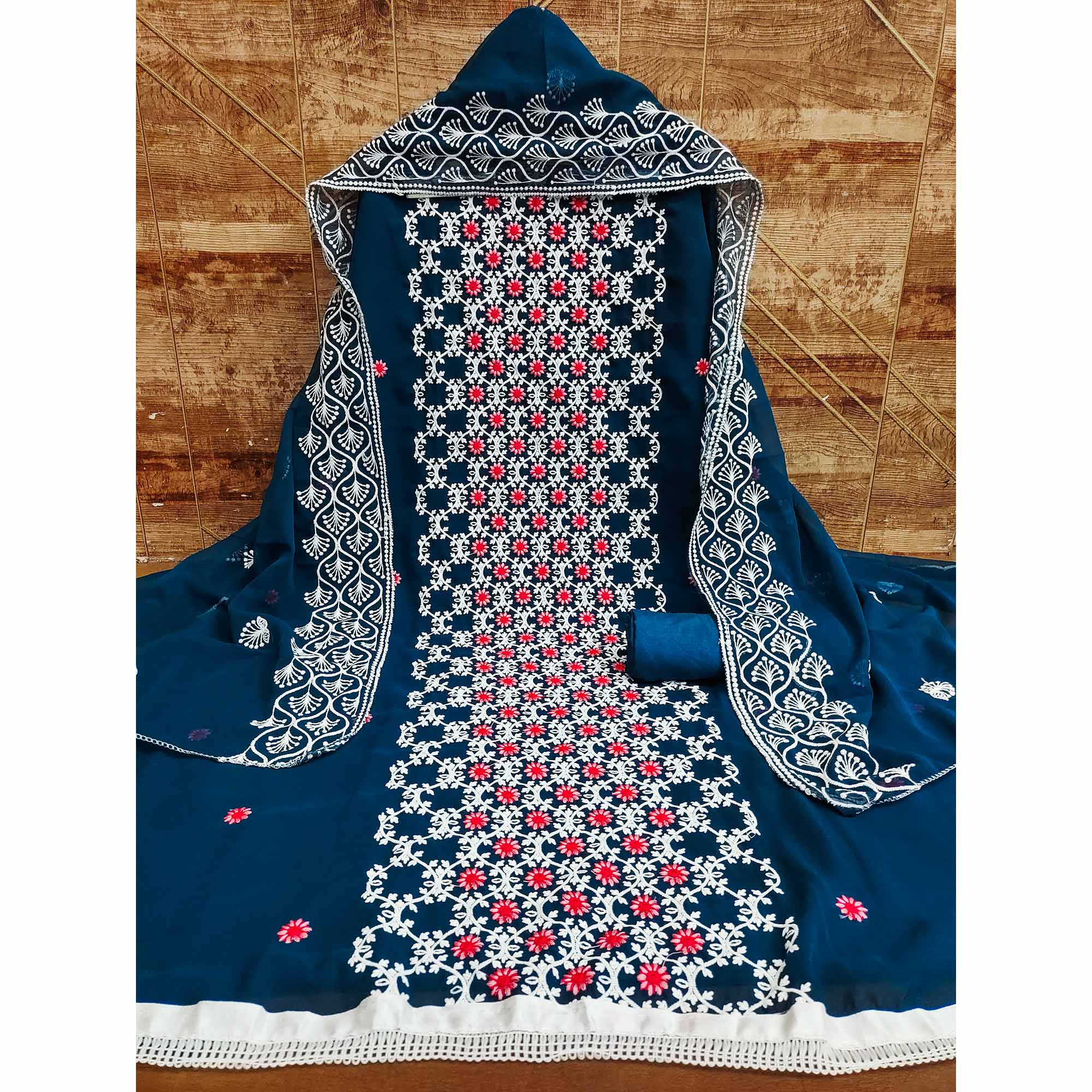 Blue Embroidered Georgette Dress Material