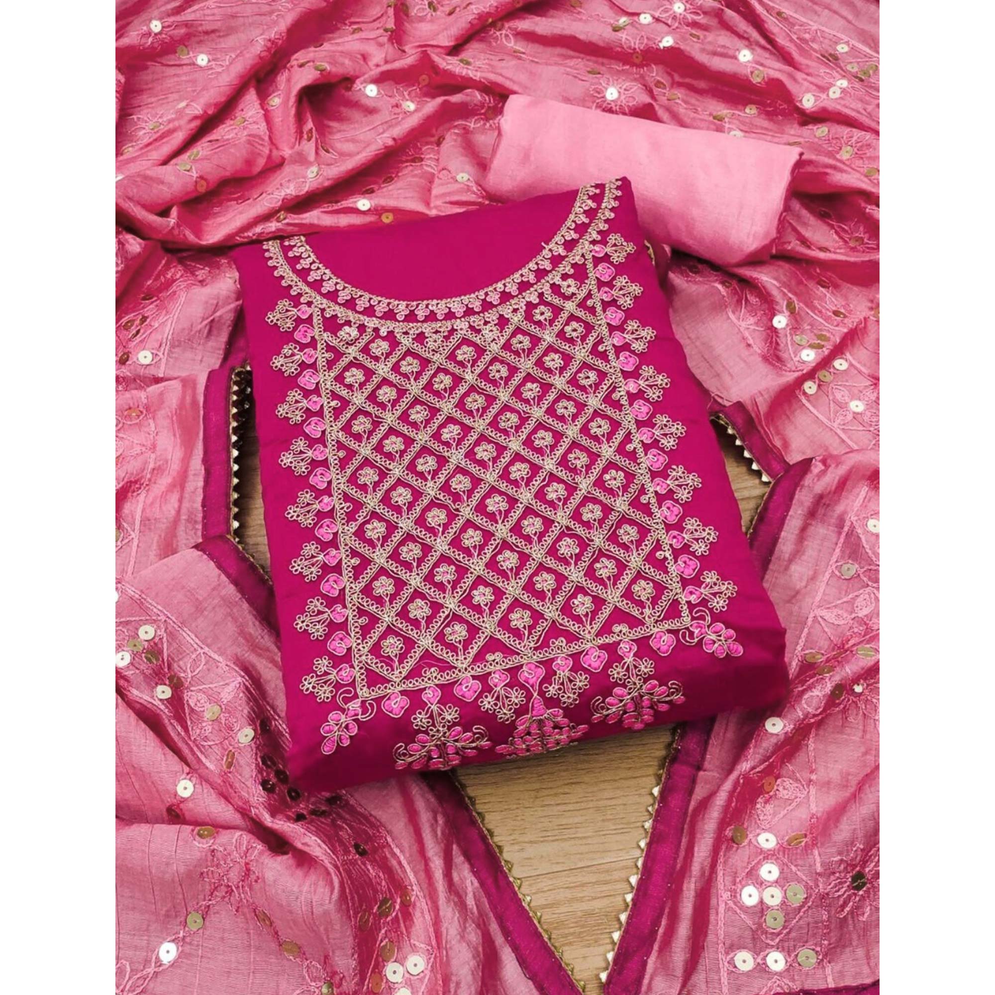 Pink Floral Embroidered Modal Dress Material