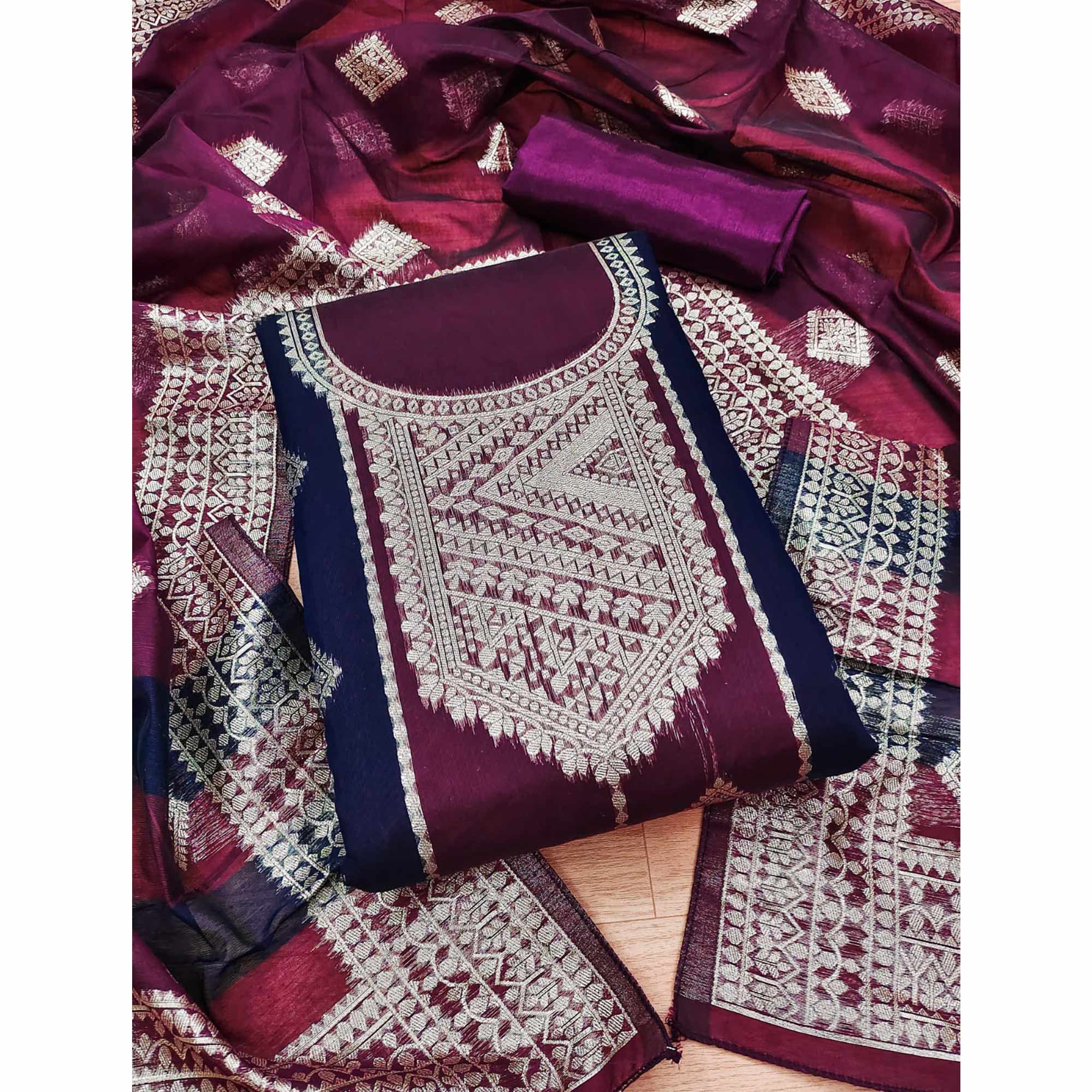 Wine Woven Chanderi Dress Material