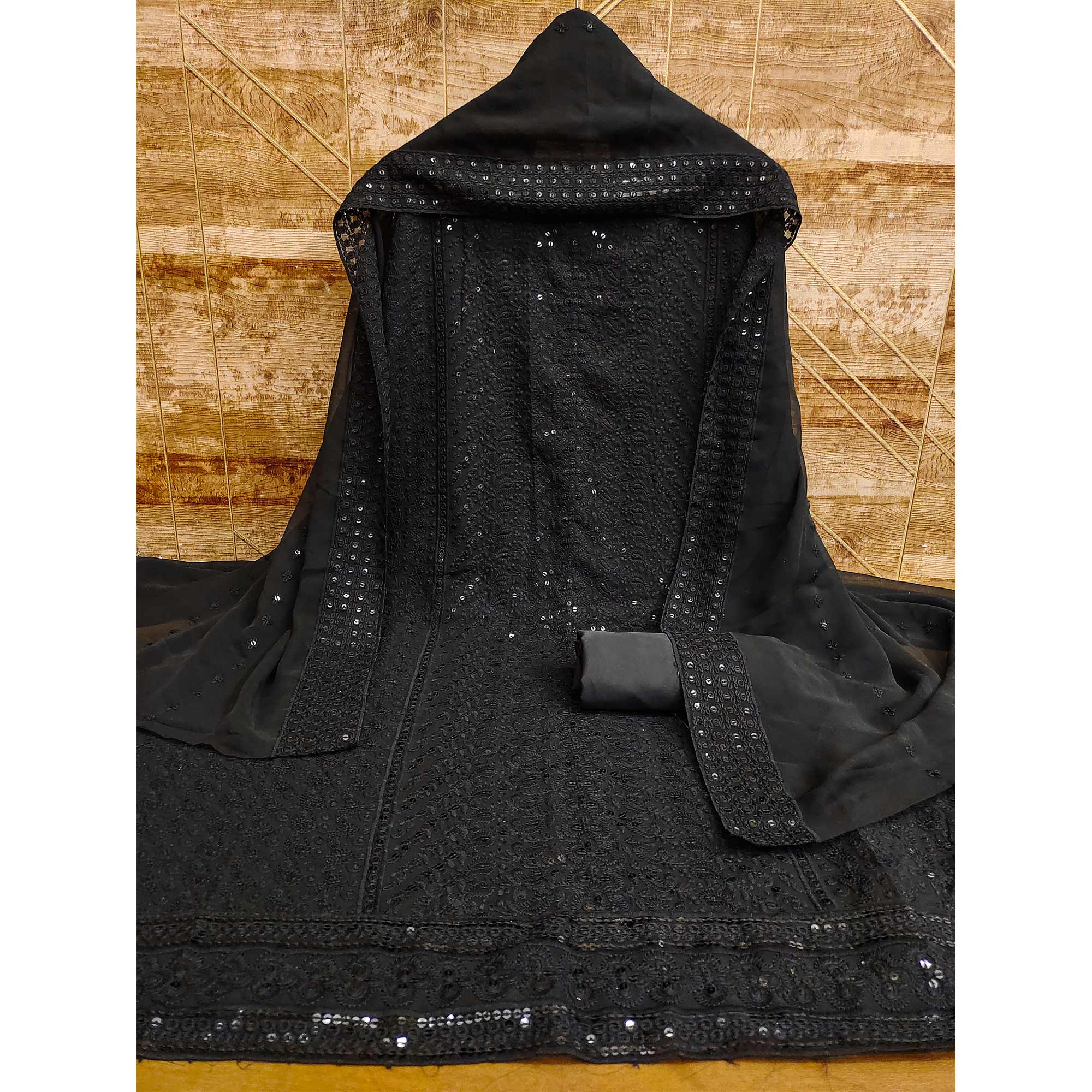 Black Lucknowi Embroidered Georgette Dress Material