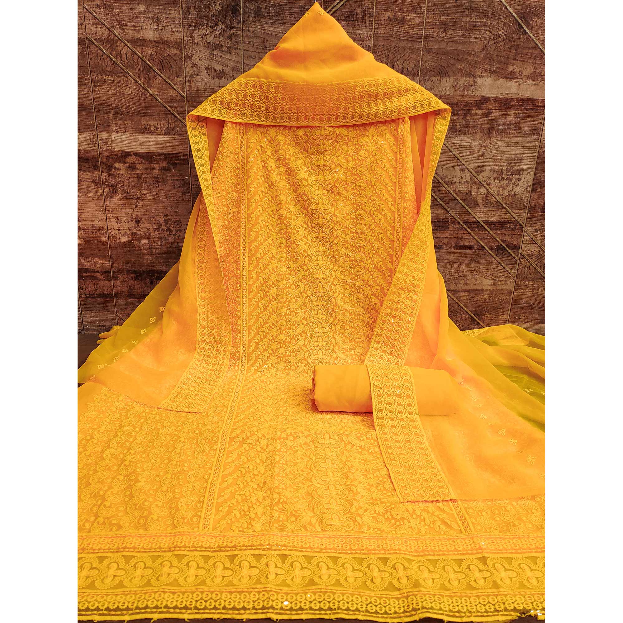 Yellow Lucknowi Embroidered Georgette Dress Material