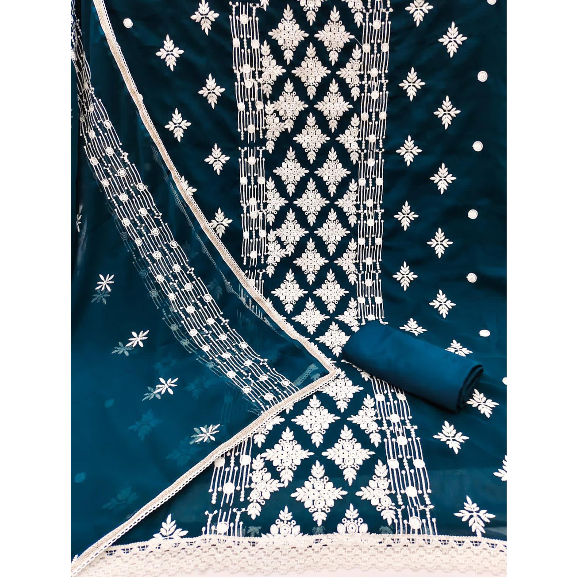 Blue Floral Embroidered Georgette Dress Material